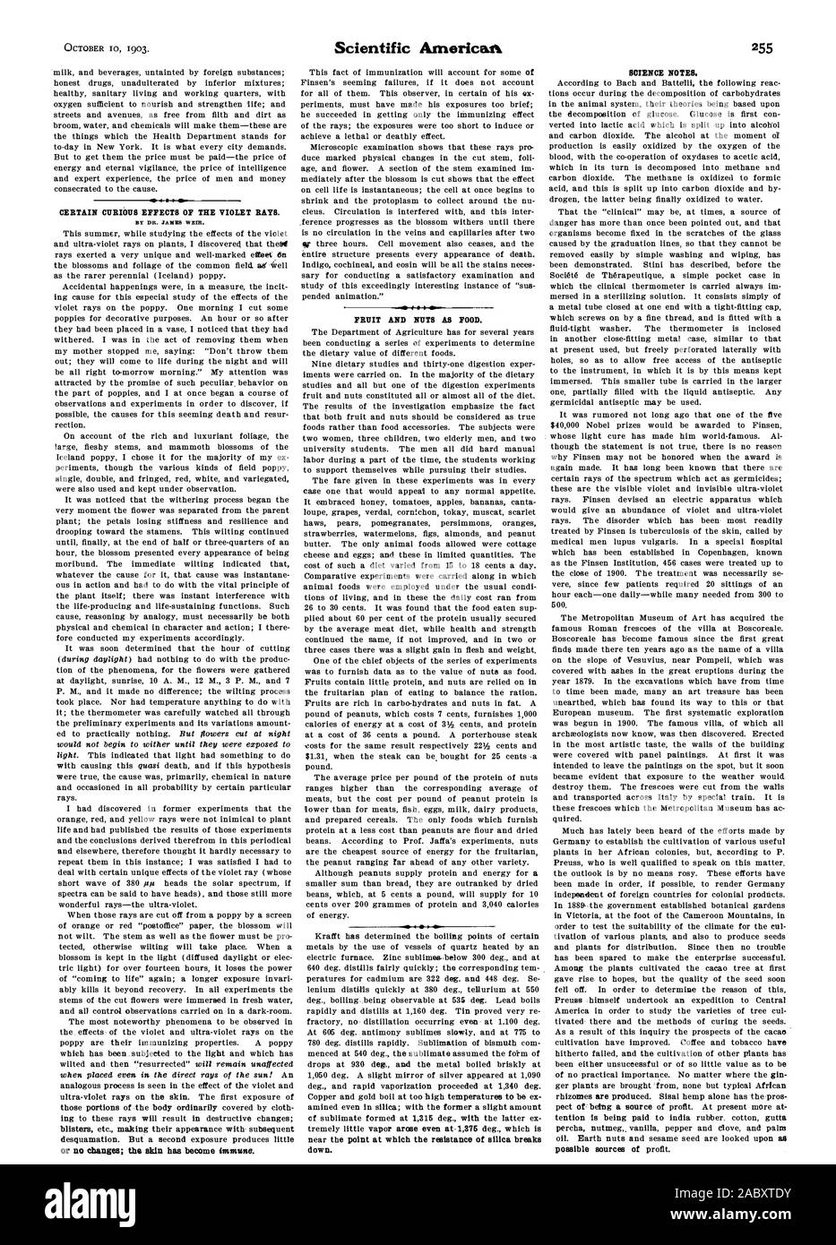 Bestimmte neugierig AUSWIRKUNGEN DER ULTRAVIOLETTEN STRAHLEN. Von DR. Pfeiler: "Wehr. oder keine Änderungen; die Haut ist immun geworden. Früchte und Nüsse als Essen. extrem wenig Dampf selbst entstand 1375 in der Nähe von deg. Das ist der Punkt, an dem der Widerstand der Kieselsäure bricht. Wissenschaft Notizen. Mögliche Quellen des Profits., Scientific American, 1903-10-10 Stockfoto