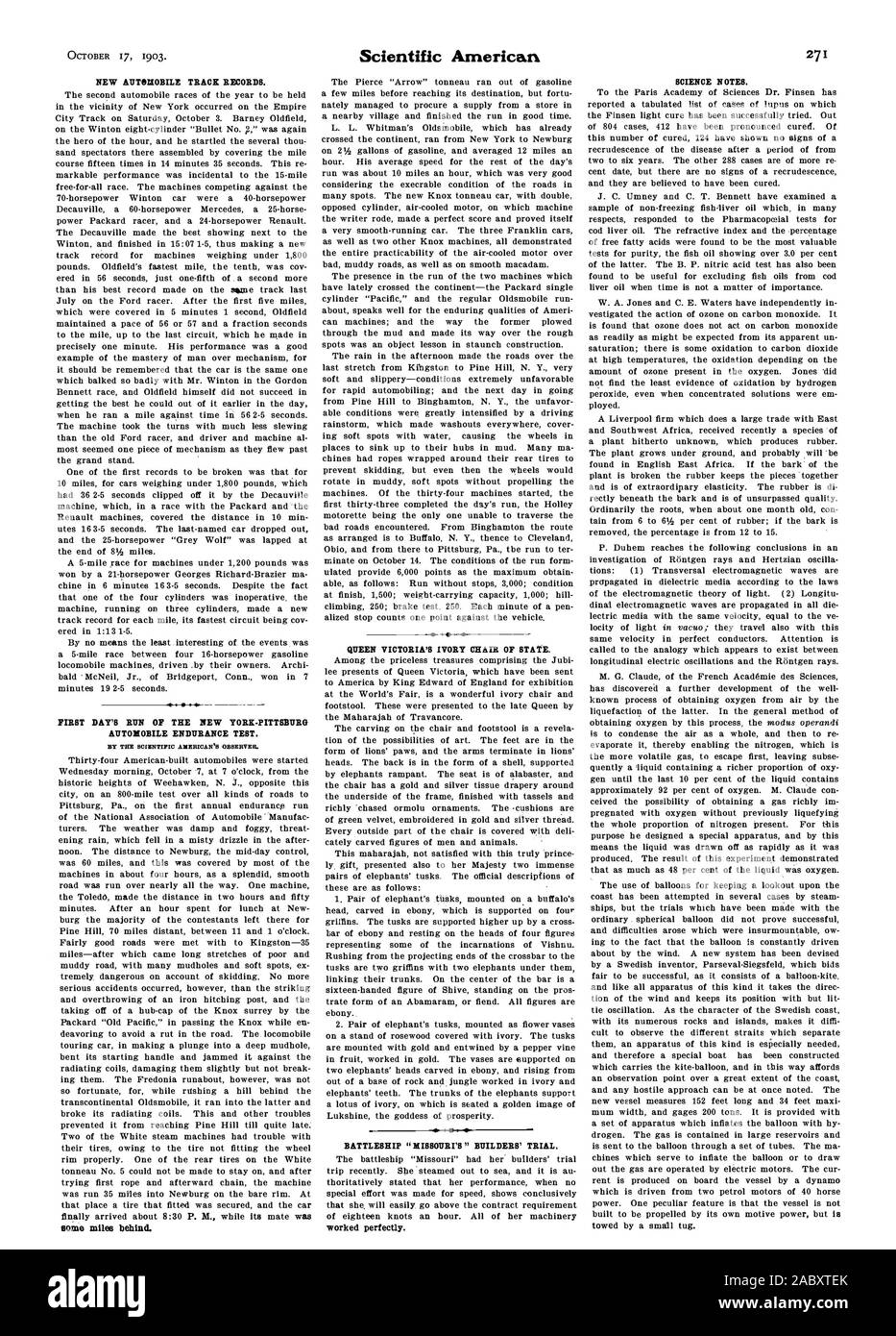 Neue AUTOMOBIL TRACK RECORDS. Der ERSTE TAG DES NEW YORK - PITTSBURG AUTOMOBIL HÄRTETEST. Von JAN'S SCIENTIFIC AMERICAN Beobachter. Einige Meilen hinter sich. Von Queen Victoria, elfenbein Stuhl des Staates. Schlachtschiff 'MISSOURI' ERBAUER 'TRIAL. Funktioniert perfekt. Wissenschaft Anmerkungen., 1903-10-17 Stockfoto