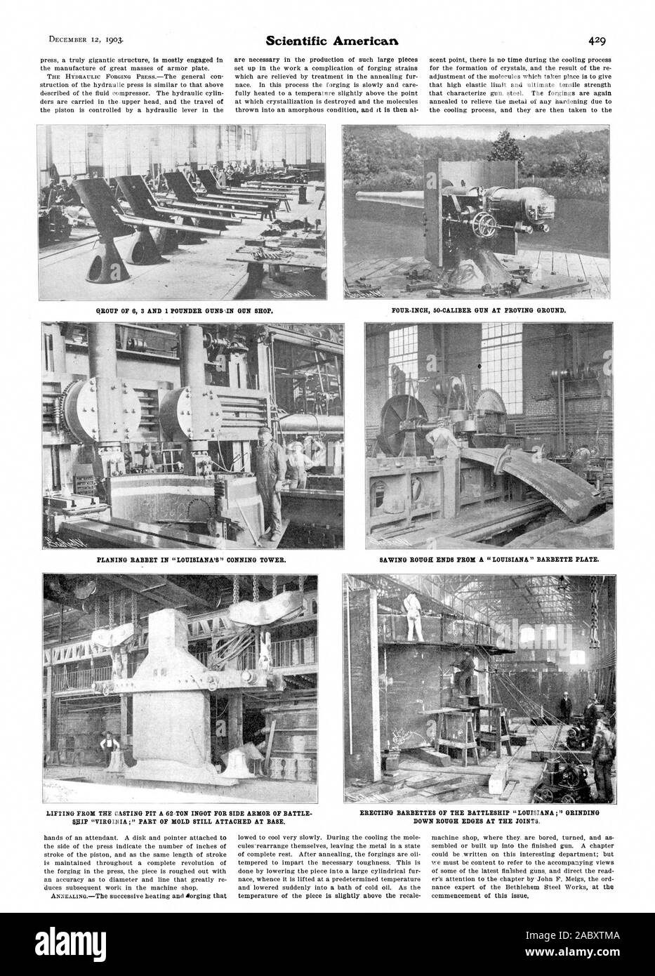 Gruppe von 6 3 UND 1 POUNDER GUNSAIN GUN SHOP 4-Zoll 50-Kaliber Pistole auf Proving Ground. Hobeln FALZ IN 'LOUISIANA'S 'KOMMANDOTURM. Sägen ROUGE ENDEN VON EINEM "Louisiana" BARBETTE PLATTE. Abheben von der GIESSGRUBE ein 62 Tonnen Masseln FÜR SEITE RÜSTUNG DER SCHLACHT ERRICHTEN BARBETTES DES SCHLACHTSCHIFFS "Louisiana" SCHLEIFEN SIP "VIRGINIA; "TEIL DER FORM NOCH ANGEBRACHT, DIE AN DER BASIS. Die Ecken und Kanten an den Gelenken. Beginn dieser Ausgabe., Scientific American, 1903-12-12 Stockfoto