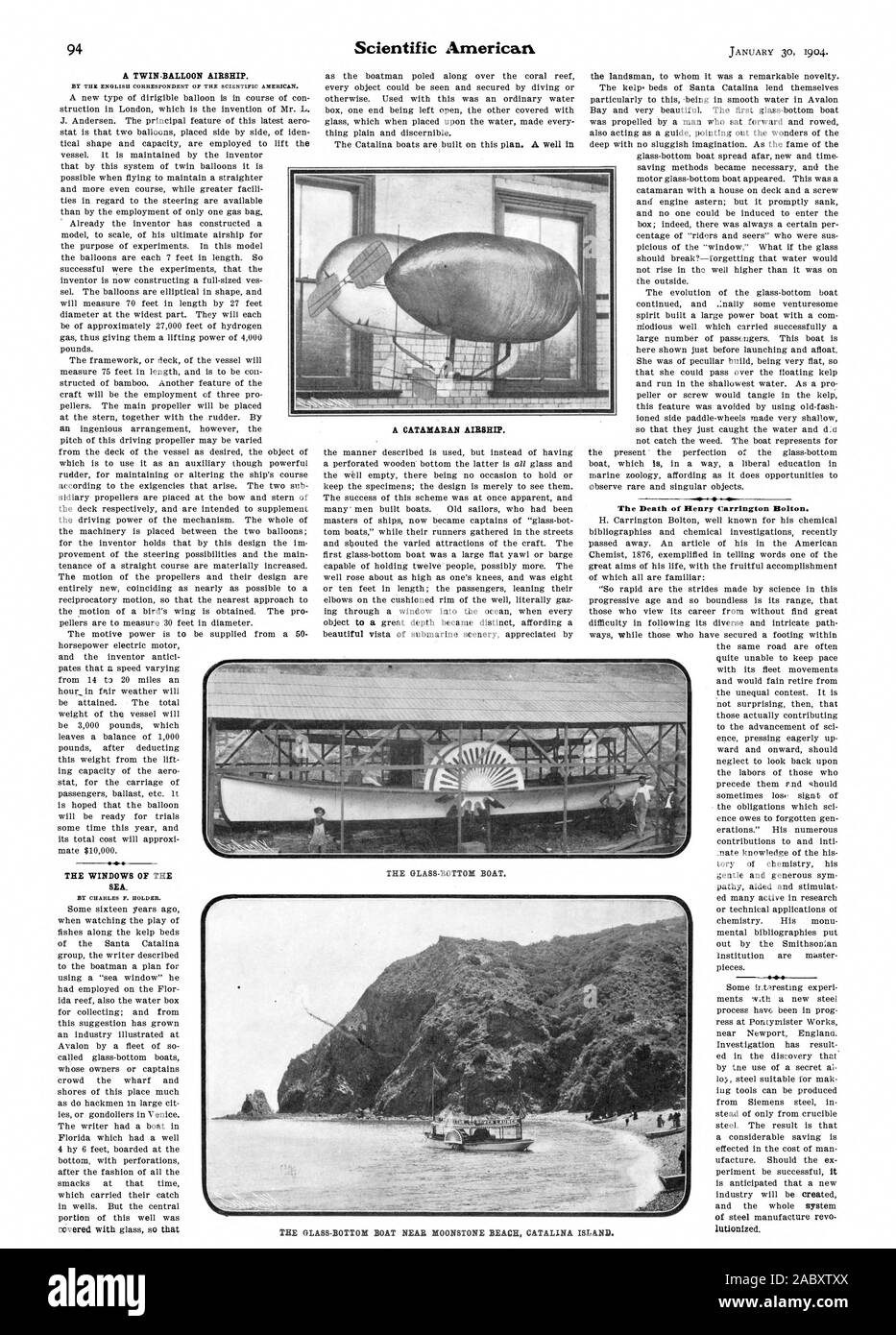 Ein TWIN-BALLON LUFTSCHIFF. Die FENSTER AUF DAS MEER. Der Tod von Henry Carrington Bolton. Ein Katamaran Luftschiff. Die GLASBODENBOOT. Die GLASBODENBOOT IN DER NÄHE VON MOONSTONE BEACH CATALINA Island., Scientific American, 1904-01-30 Stockfoto