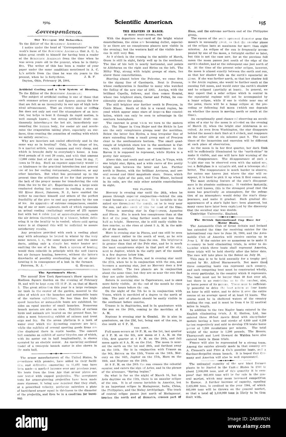 Künstliche Kühlung und ein neues System der Heizung. Der Sportler zeigen. Der Himmel im März. Die britische International Cup Rennen für Motorboote., Scientific American, 1904-03-05 Stockfoto