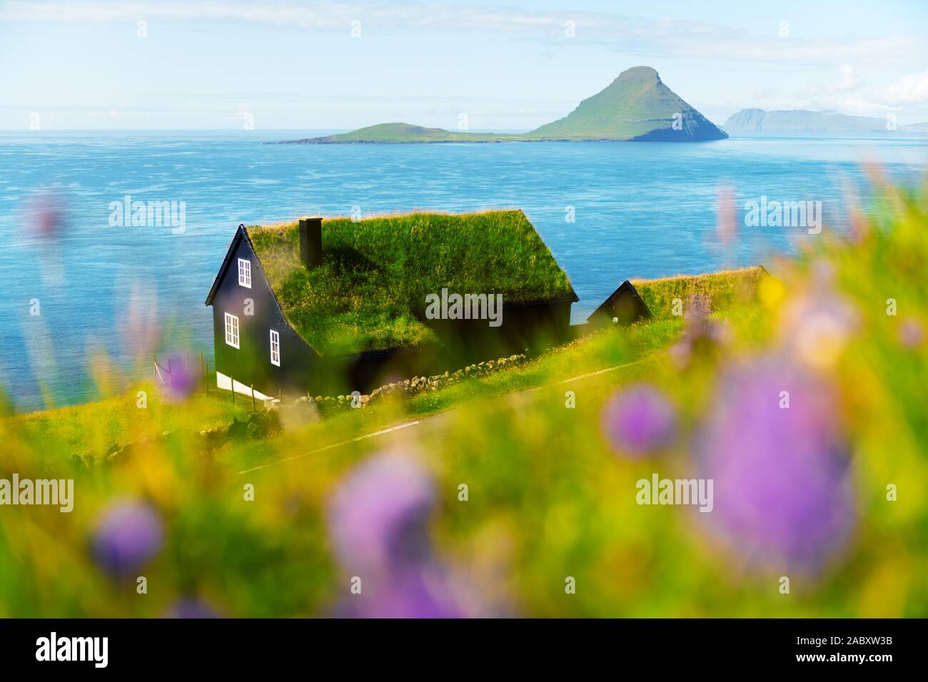 Nebeliger morgen Blick auf ein Haus mit typischer Rasen - top gras dach im Velbastadur Dorf auf Streymoy Island, Färöer, Dänemark. Landschaftsfotografie Stockfoto