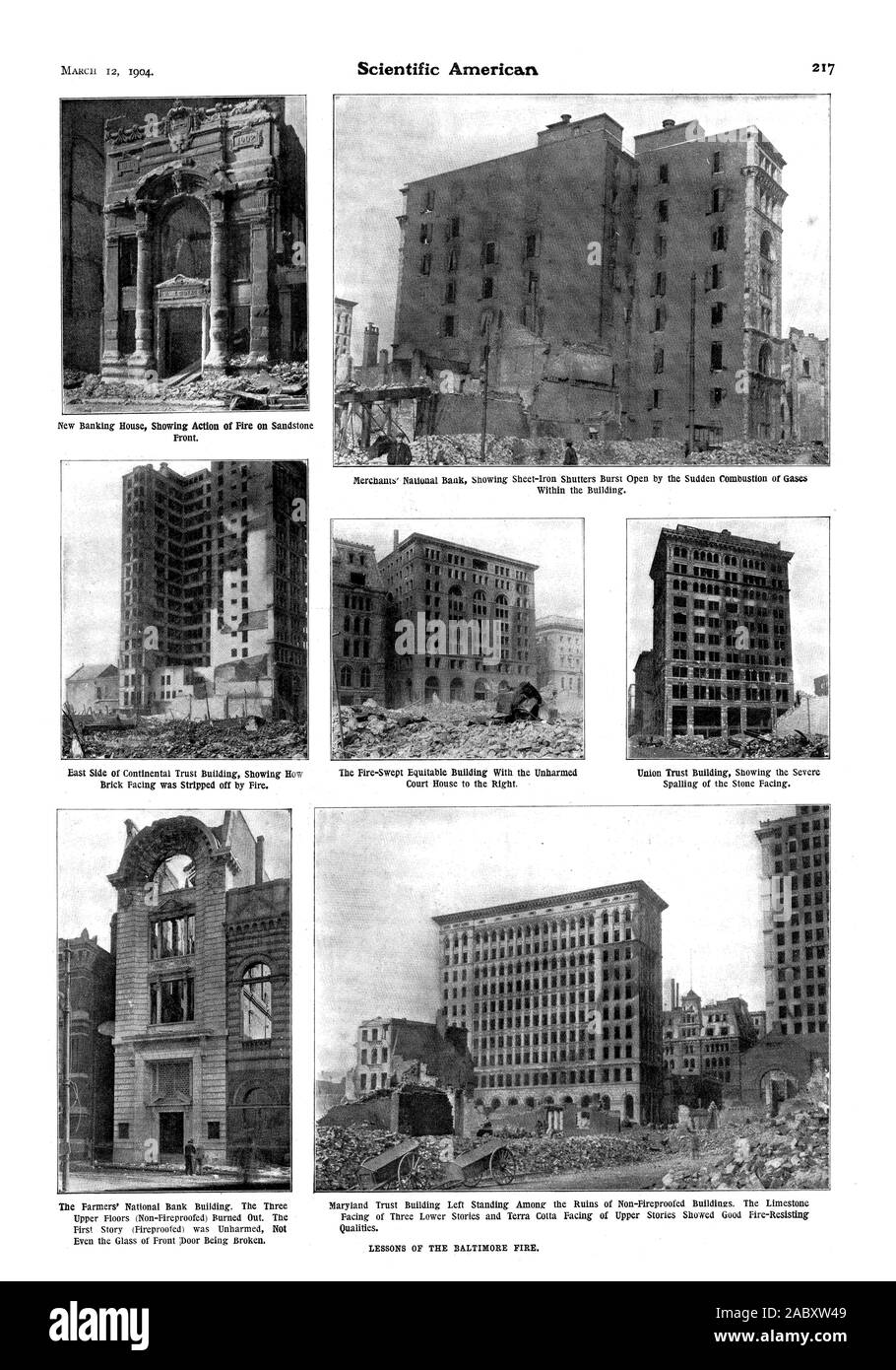 Lehren aus der Baltimore Feuer. Die Bauern "Nationale Bank Gebäude. Die drei oberen Etagen (Non-Fireproofed) durchgebrannt. Die erste Geschichte (Feuerfesten) war unverletzt, nicht einmal das Glas der Tür gebrochen wird. Maryland Trust Gebäude links steht unter den Ruinen von Non-Fireproofed Gebäude. Der Kalkstein, der drei unteren Geschichten und Terra Cotta mit Blick auf der oberen Stockwerke zeigte ein gutes Feuer - Widerstand gegen Qualitäten. Ostseite der Continental Trust Gebäude, die zeigen, wie Ziegelverkleidung wurde durch Feuer beraubt. Der Kamin gefegt gerechte Gebäude mit der unverletzt Hof Haus auf der rechten Seite. Union Vertrauen Stockfoto