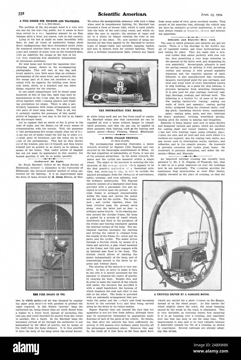 Die WORTKOMBINATION FEUERLEITER. Eine FEUERLEITER für Touristen und Reisende. Von W. G. RITZ GERALD. Carbureted Air Light. Ein Roman der italienischen Einrad. Von EMILE GITARINI., Scientific American, 1904-04-11 Stockfoto