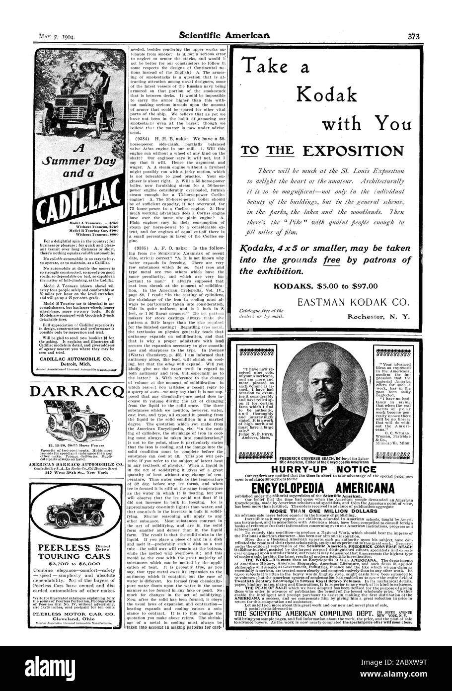 CADILLAC AUTOMOBILE CO. Detroit Michigan DARRACQ PEERLESS E-mt Touring Cars eine Kodak mit Ihnen Kodaks4x5 oder kleiner Nehmen die Ausstellung getroffen werden können. KODAKS $ 5,00 bis $ 97,00 wissenschaftliche amerikanische Herausgeber der Encyclopedia Americana beeilen - BEKANNTMACHUNG ENCYCLOPEDIA AMERICANA MEHR ALS EINE MILLION DOLLAR, Scientific American, 1904-05-07 Stockfoto