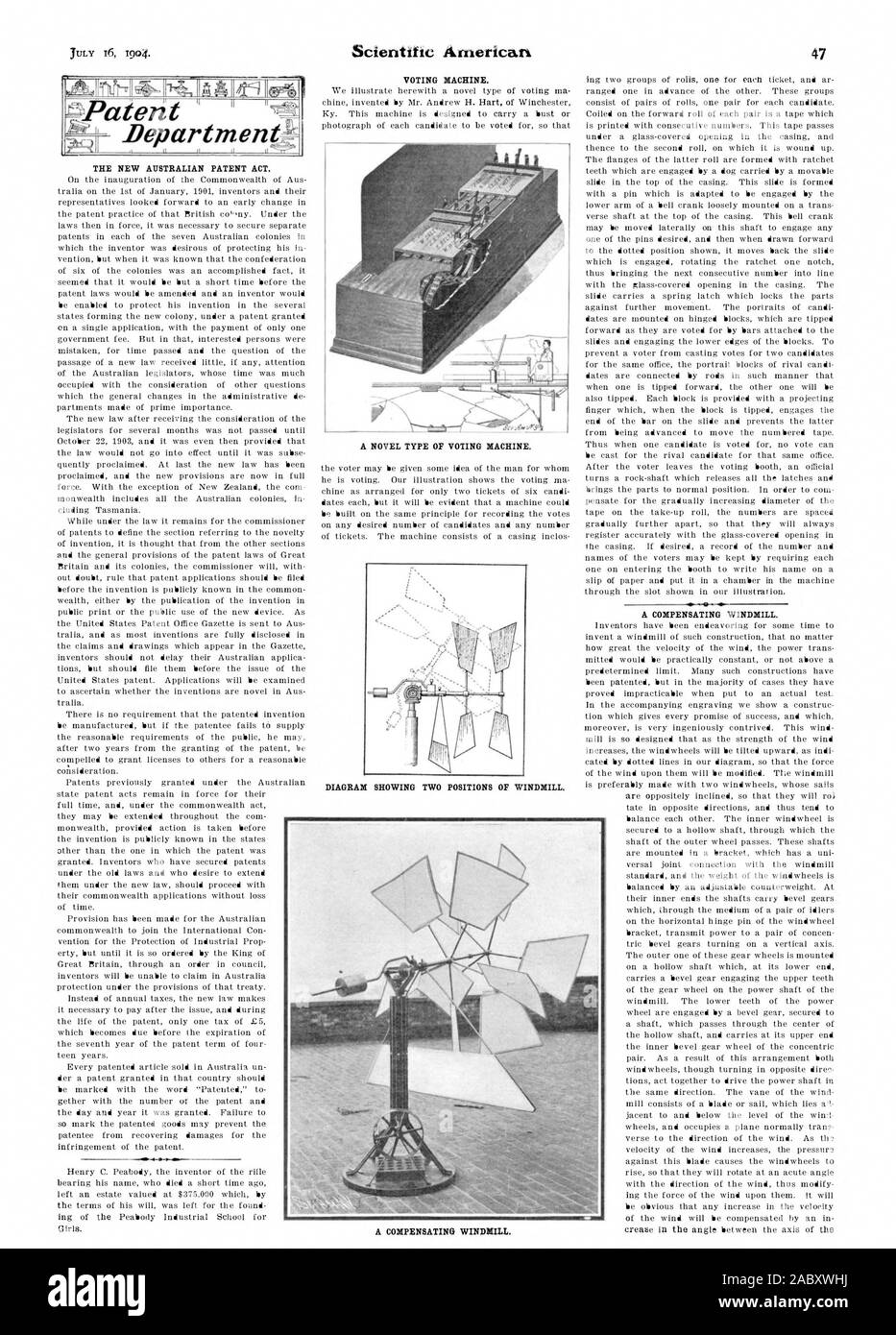 Die neue australische PATENTGESETZ. Scientific American VOTING MACHINE. Diagramm mit 2 POSITIONEN DER MÜHLE 47A Entschädigung der Windmühle. Juli T6 1904. Eine neuartige ART DER ABSTIMMUNG. Eine ENTSCHÄDIGUNG DER MÜHLE., 1904-07-16 Stockfoto
