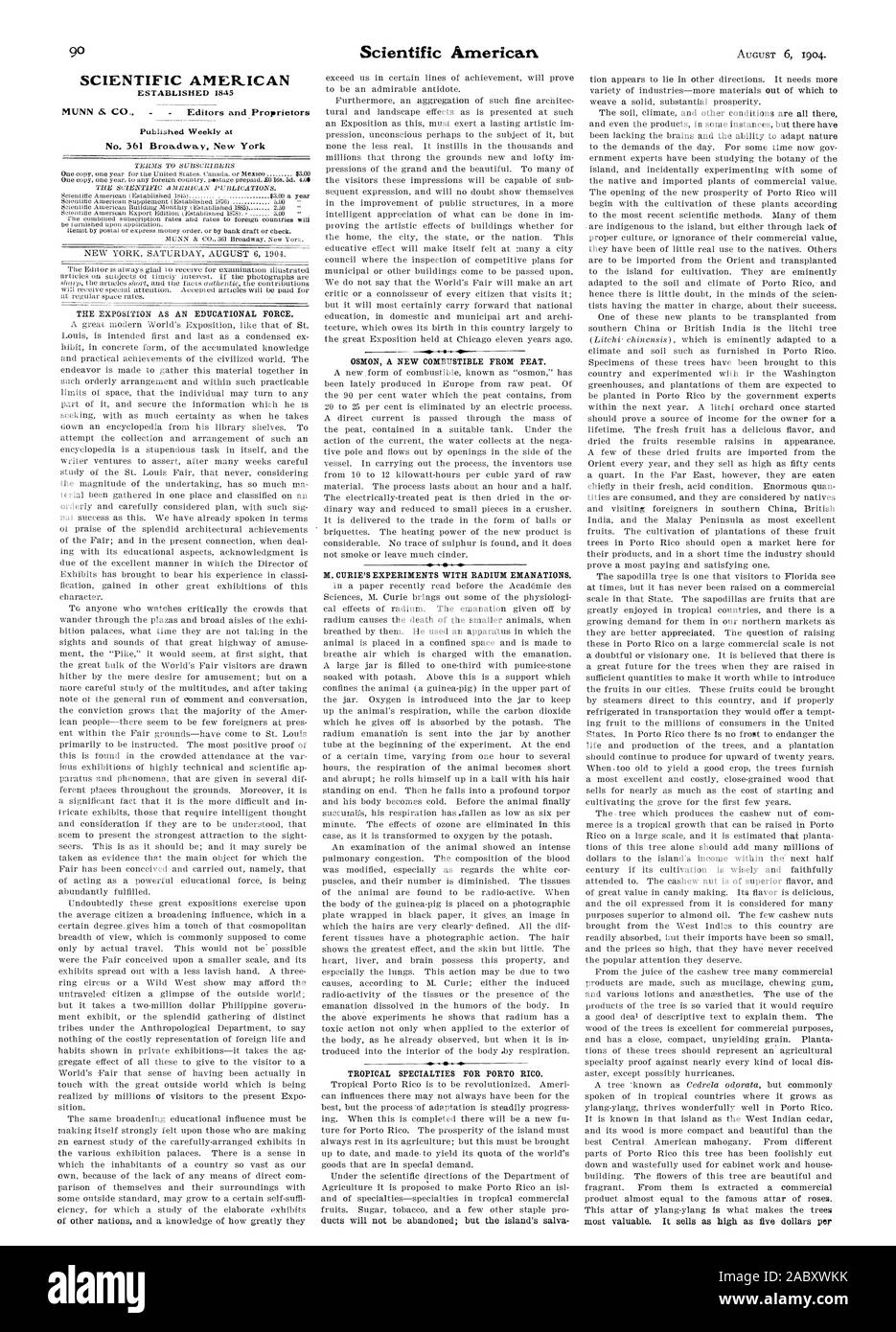 SCIENTIFIC AMERICAN MUNN 5. CO Herausgeber und Eigentümer wöchentliche NEW YORK am Samstag, den 6. August 1904 veröffentlicht. Die EXPOSITION ALS erzieherische Kraft. Ein tolles modernes Weltausstellung wie die von St. Louis ist das erste und das letzte Als verkürzter ex hibit in konkreter Form des angesammelten Wissens und praktischen Errungenschaften der zivilisierten Welt. Die Endeavour wird dieses Material in Sach geordnete Anordnung und innerhalb einer praktikablen Grenzen von Raum, dass die Einzelnen zu drehen kann, und sichern Sie die Informationen, die er mit so viel Sicherheit wie bei der Suche nach zu sammeln, Stockfoto