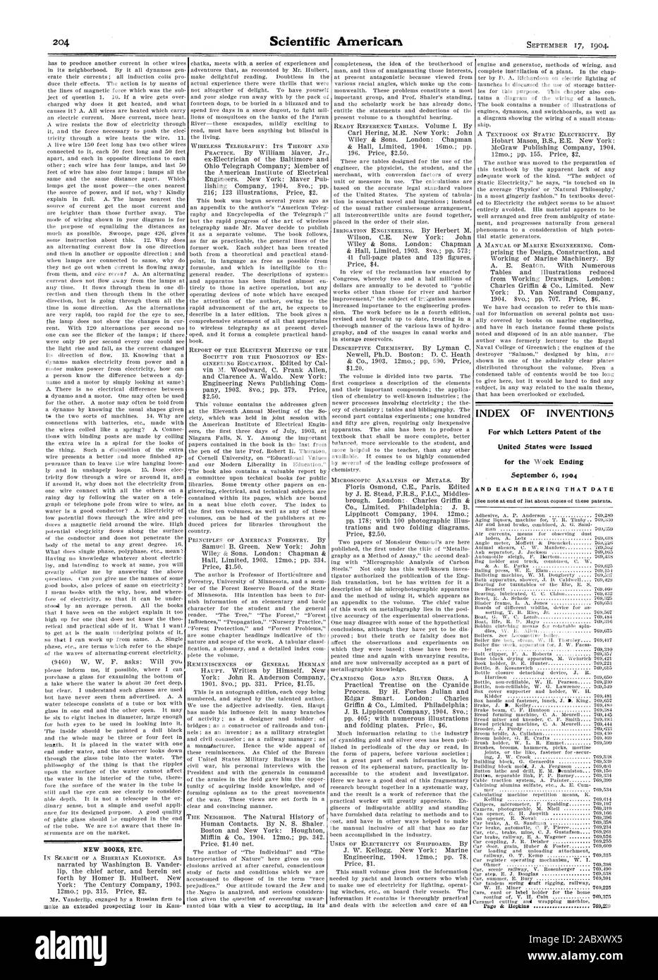 INDEX DER ERFINDUNGEN, für die Patentschriften der Vereinigten Staaten für die Woche endet am 6. September 1904 UND JEDES LAGER, Datum, Scientific American, 1904-09-17 ausgegeben wurden. Stockfoto