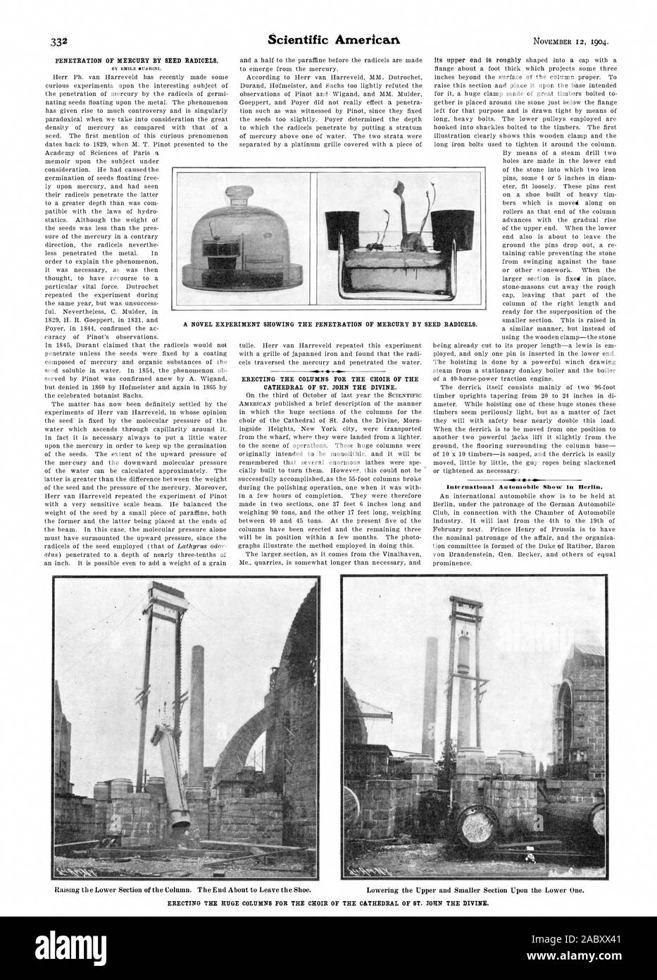 Die ERRICHTUNG DER SPALTEN FÜR DEN CHOR DER KATHEDRALE VON ST. JOHN DAS GÖTTLICHE. Internationale Automobilausstellung in Berlin. Es I1, Scientific American, 1904-11-12 Stockfoto