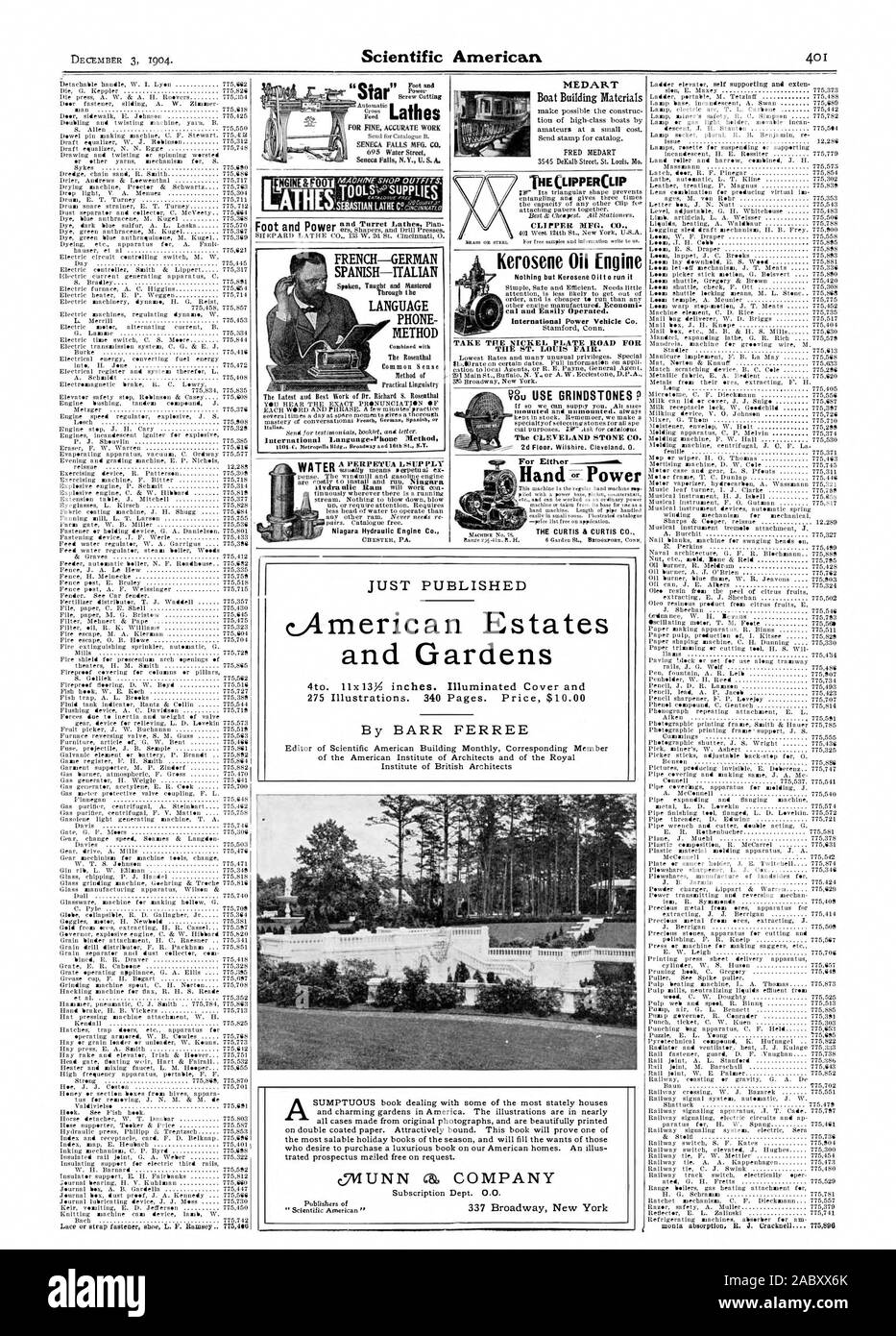 Niagara hydraulische Motor Co. MEDART Boot Baustoffe 434 MFG. Co.Kerosin Öl Motor cal und einfach zu bedienen. International Power Fahrzeug Co. NEHMEN SIE DIE NICKEL PLATE ROAD FÜR DEN ST. LOUIS MESSE. Die CLEVELAND STONE CO. Entweder für Power NGINE 8. 00 Drehmaschinen Seneca Falls N.Y. USA Französisch - Deutsch Spanisch - Sprachkurs italienisch von BARR FERREE cAmerican Fincas gerade veröffentlicht, Scientific American, 1904-12-03 Stockfoto