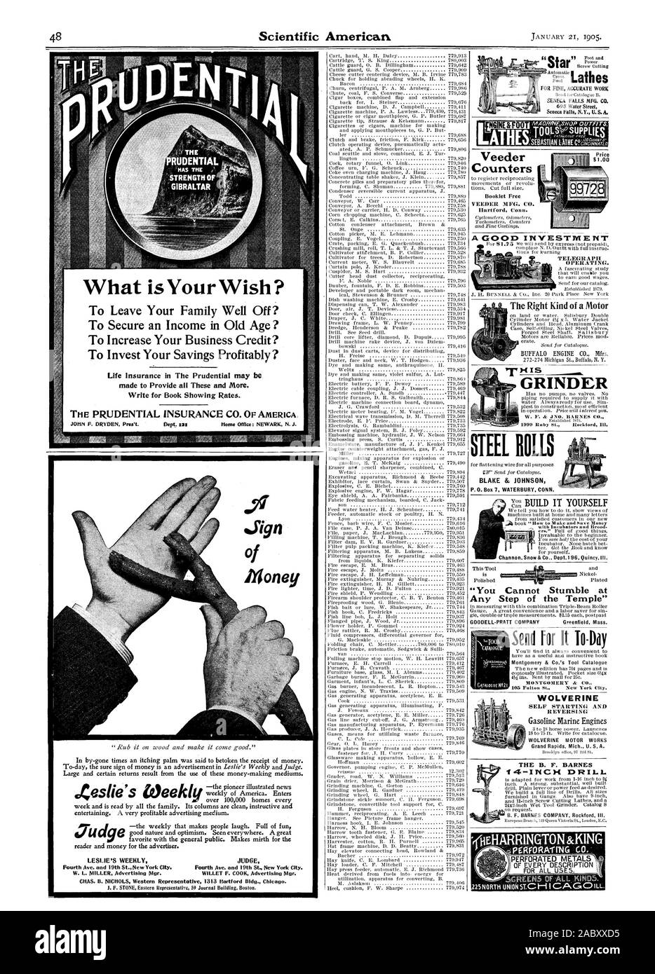 Hartford Anschl. Telegraph. Schleifer ein BUILD ES SICH t'Drehmaschinen für feine präzise Arbeit STAHLROLLEN BLAKE & Johnson schicken, damit es To-Day WOLVERINE SELBST STARTEN UND DIE UMKEHRUNG DER WOLVERINE MOTOR WORKS Grand Rapids Michigan U. A. DIE B.F. BARNES 1.4.; - "in. Bohrer bohren. B.F. BARNES FIRMA Rockford Illinois, Scientific American, 1905-01-11 Stockfoto