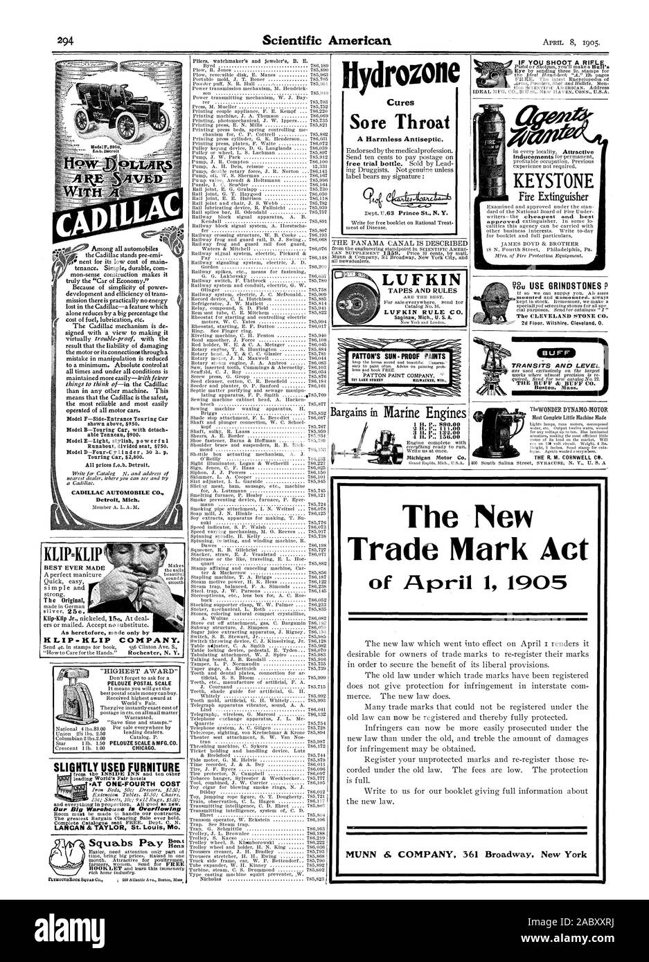 - ModelD Four-Cylinder 30 Uhr. s. Tourenwagen $ 2800. Alle Preise fob Detroit. CADILLAC AUTO C Detroit Michigan" höchste Auszeichnung "PELOU2E POST MASSSTAB PELOUZE SKALA&M FG. Co. in Chicago. Itydrozone Kuren Halsschmerzen eine harmlose Antiseptikum. TheWONDER DYNAMO - MOTOR DER R. M. CORNWELL CO TRANSITE UND NIVEAU DER BUFF BUFF & Co Boston Mass. KEYSTONE DIE CLEVELAND STONE CO. Die neue Marke Akt der 1. April 1905, Scientific American, 1905-04-08 Stockfoto