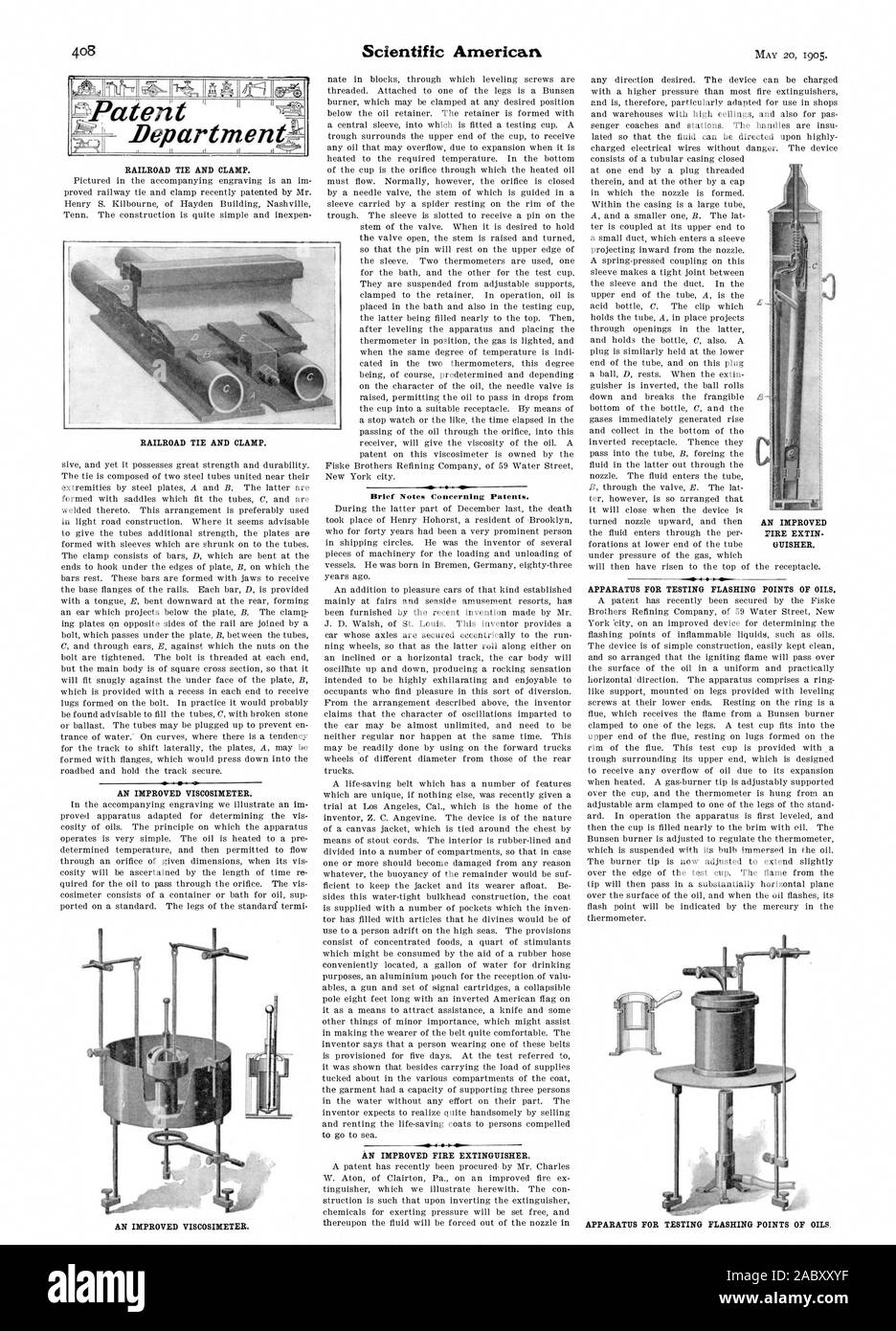 RAILROAD TIE UND KLEMME. Eine verbesserte Viskosimeter. Kurze Notizen über Patente. Eine verbesserte FEUERLÖSCHER. -- Apparat für die Prüfung der BLINKENDE PUNKTE VON ÖLEN. RAILROAD TIE UND KLEMME. Eine verbesserte, Scientific American, 1905-05-11 Stockfoto