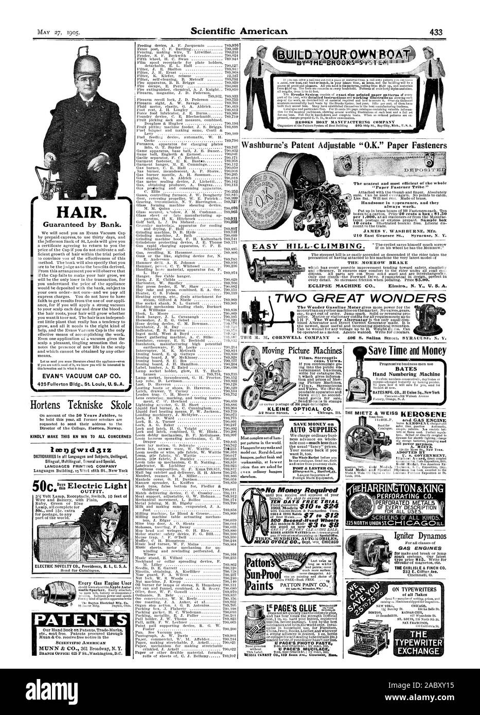 BROOKS BOOT MANUFACTURING COMPANY'S Washburne Patent Einstellbare "O. K." Papier Verbindungselemente SCIENTIFIC AMERICAN IN DER WOF 41-13 iiESSIA MOOT CO 139 Essex Ave Gloucester. "Paper Fastener Stamm "schön aussehen und Sie immer funktioniert. 210 East Genesee St. Syracuse N.Y. Zünder Dynamos für alle Klassen von Gasmotoren funken Systeme. Unsere neuesten Carlisle & FINCH CO.233 E. Clifton Avenue Cincinnati 0. Auf Schreibmaschinen aller rlakes der EWRITEFi TYF' 'Austausch jedes Gas Engine matic Sparker. Einfach so mehr Riemen Batterie oder Kommutator = im Haar befestigt. Ich von der Bank garantiert. EVANc VAKUUM CAP CO Stockfoto