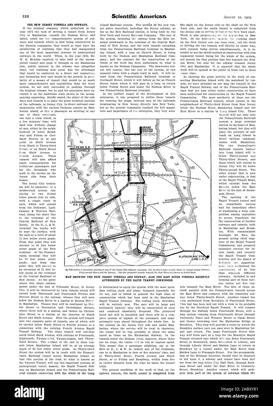 Das New-jersey, Tunneln und Unterführungen. Karte der NEW JERSEY TUNNEL UND U-BAHN; AUCH DER EAST RIVER TUNNEL VOR KURZEM VON DER RAPID TRANSIT. Kommission, Scientific American, 1905-08-12 Stockfoto