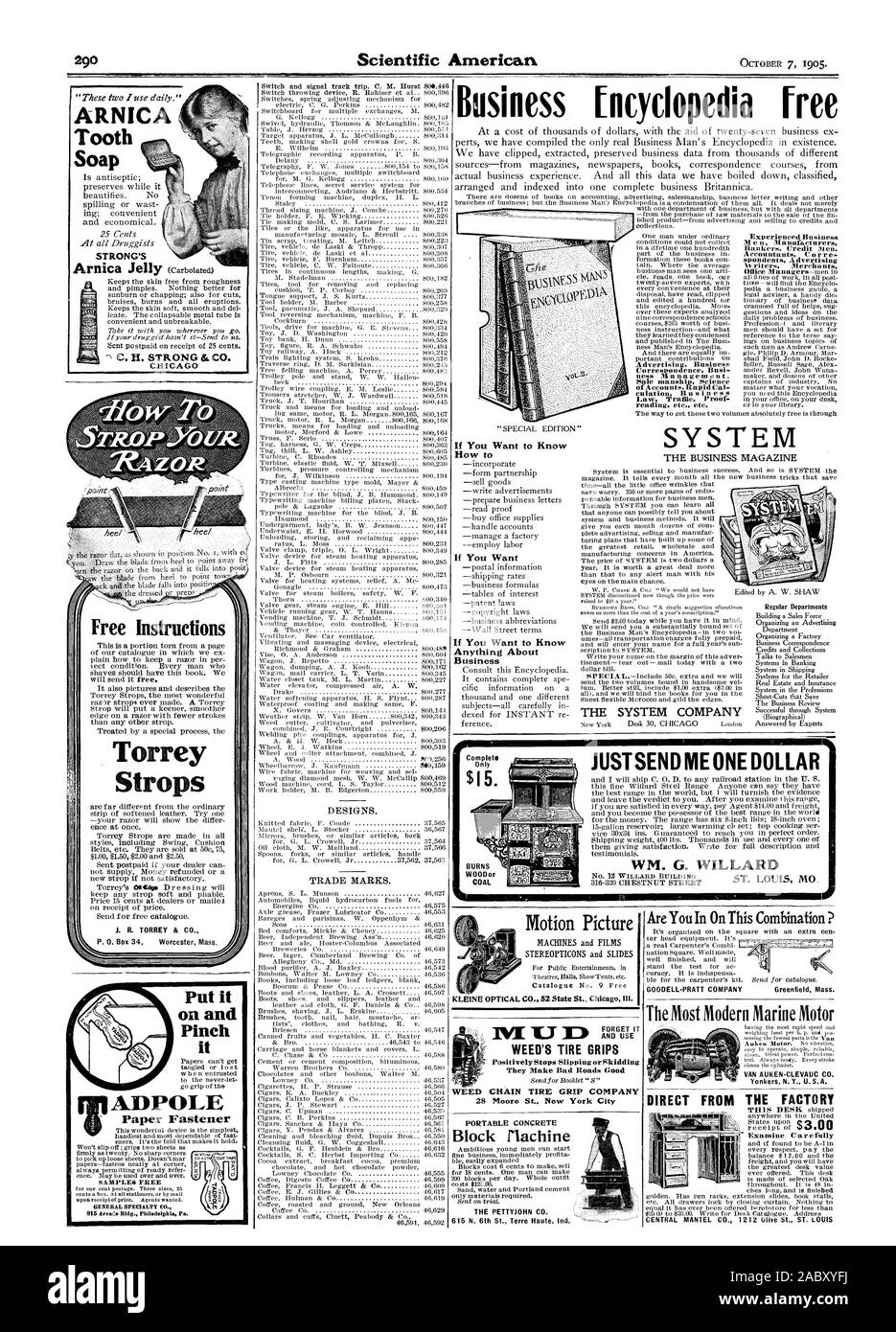 Wenn Sie wissen wollen, nichts über Business Torrey Strops $ 1 5. DESIGNS. WM. G. WILLARD KOHLE Motion Picture GOODELL - PRATT UNTERNEHMEN MASCHINEN und Filme und Dias STEREOPTICONS Greenfield Messe und nutzen Sie das Unkraut der Reifenhersteller GRIPS Positiv hält Rutschen oder Schleudern MARKEN. Unkraut KETTE DER GRIP UNTERNEHMEN 28 Moore St. New York City setzte sie auf und es ein Papier Fastener PROBEN KOSTENLOS ALLGEMEINE SPECIALTY CO 815 Arcade Geb.. Philadelphia Pa PORTABLE BETON DIE PETTYJOHN CO. DAS SYSTEM UNTERNEHMEN JUSTSEND MIR EINEN DOLLAR DIREKT VON DER FABRIK Maschine ARNIKA Zahn Seife, Scientific American, 1905-10-07 Stockfoto