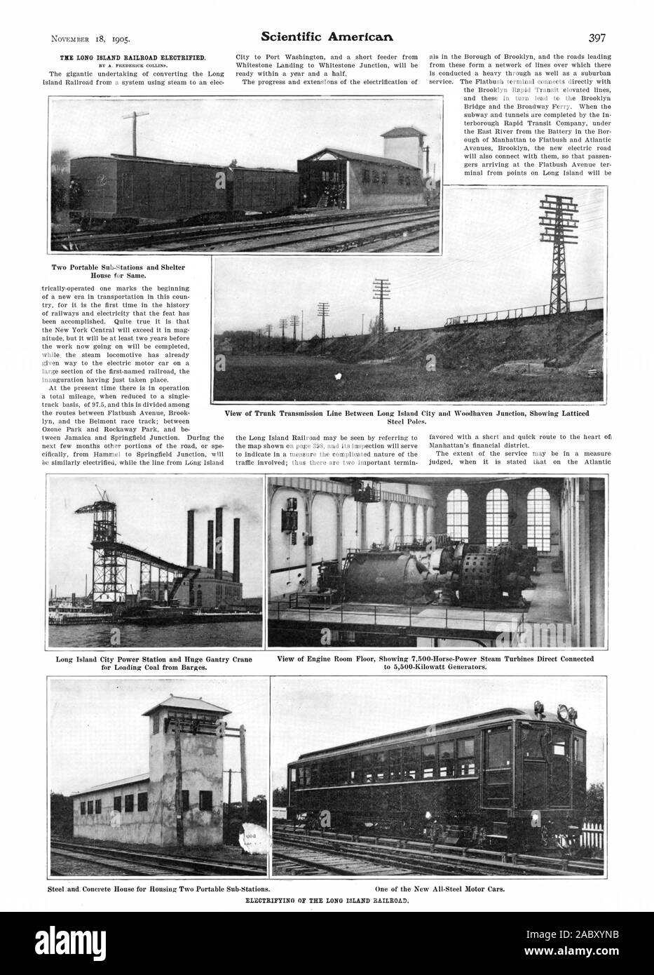 TIE LONG ISLAND RAILROAD ELEKTRIFIZIERT. Zwei Portable Sub-Stations und Unterkunft Haus für Gleiche. Ansicht der Trunk-Übertragungsleitung zwischen Long Island City und Woodhaven Kreuzung angezeigt, gefertigt aus stabilem Stahl Polen. Long Island City Power Station und riesige Portalkran für das Laden von Kohle von Hausbooten. Ansicht des Maschinenraums Stock Übersicht 7500-Horse-Power Dampfturbinen direkt angeschlossen, bis 5500 Kilowatt Generatoren., Scientific American, 1905-11-18 Stockfoto