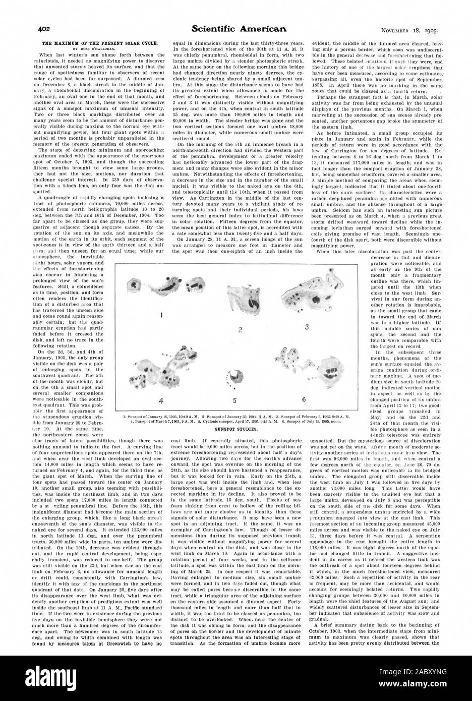 Das MAXIMUM DER GEGENWART solaren Zyklus. Sonnenfleck Studien., Scientific American, 1905-11-18 Stockfoto