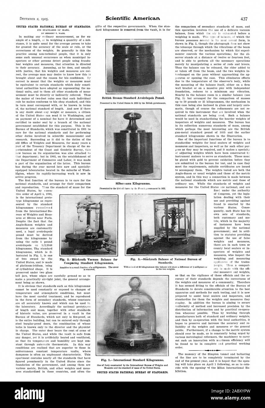 Britische Bronze Standard Avoirdupois Pound. Silbermann Kilogramm. Abb. 2.-Siackrath Vakuum Balance für den Vergleich von Standard Kilogramm. Abb. 3 Sfickrath Gleichgewicht in der nationalen Büro von Standards. Abb. IInternational Standard Kilogramm. Vereinigte Staaten NATIONALEN BÜROS DER STANDARDS., Scientific American, 1905-12-02 Stockfoto