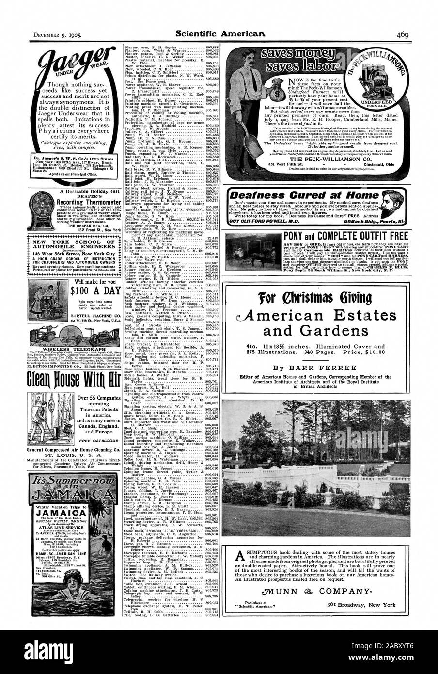 DRAPER'S Recording Thermometer DER DRAPER MFG. C 146 West 56th Street New York City für CHAUFFEURE UND AUTOMOBILE INHABER ich Dr. Jaeger's S. W. S..de eigene Stores Wireless Telegraph" für Weihnachten Geben merican Fincas und Gärten von BARR FERREE $ 100 PRO TAG BARTELL flACKINE C JAMAIKA ATLAS LINE SERVICE HAMBURG. amerikanische Linie Taubheit geheilt zu Hause die Peck - WILLIAMSON CO Verleger, Scientific American, 1905-12-09 Stockfoto