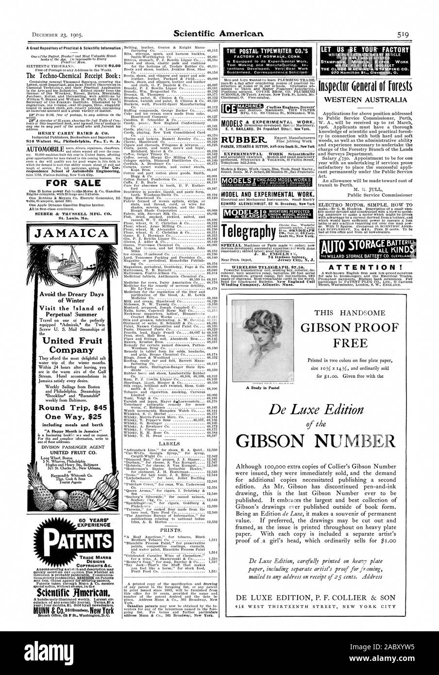 Eine große Sammlung von praktischen und wissenschaftlichen Informationen Techno-Chemical Eingang Buch: HENRY CAREY BAIRD & Co. respondence Schule der Automobiltechnik ZUM VERKAUF SIEBER und TRESSELL MFG. Co.St. Louis MO. JAMAIKA PATENTE Forschung und experimentelle Arbeiten. E.Y. BAILLARD. 24 Frankfurter Straße. New York. Modell und experimentellen Arbeiten. J.R.ENGELMAN SCHREIBEN FÜR DIE SCHÄTZUNG AUF JEDEN GEWÜNSCHTEN ARTIKEL GEFERTIGT STANZTEILE MODELLE das Fachleute. Arbeit 970 Hamilton St. Cleveland 0. WESTERN AUSTRALIA ACHTUNG! Marken, Designs Copyright & C. Scientific American. Round Trip 45 $ ein Weg 25 $ UNITED FRUIT CO. Oder Raymond Stockfoto