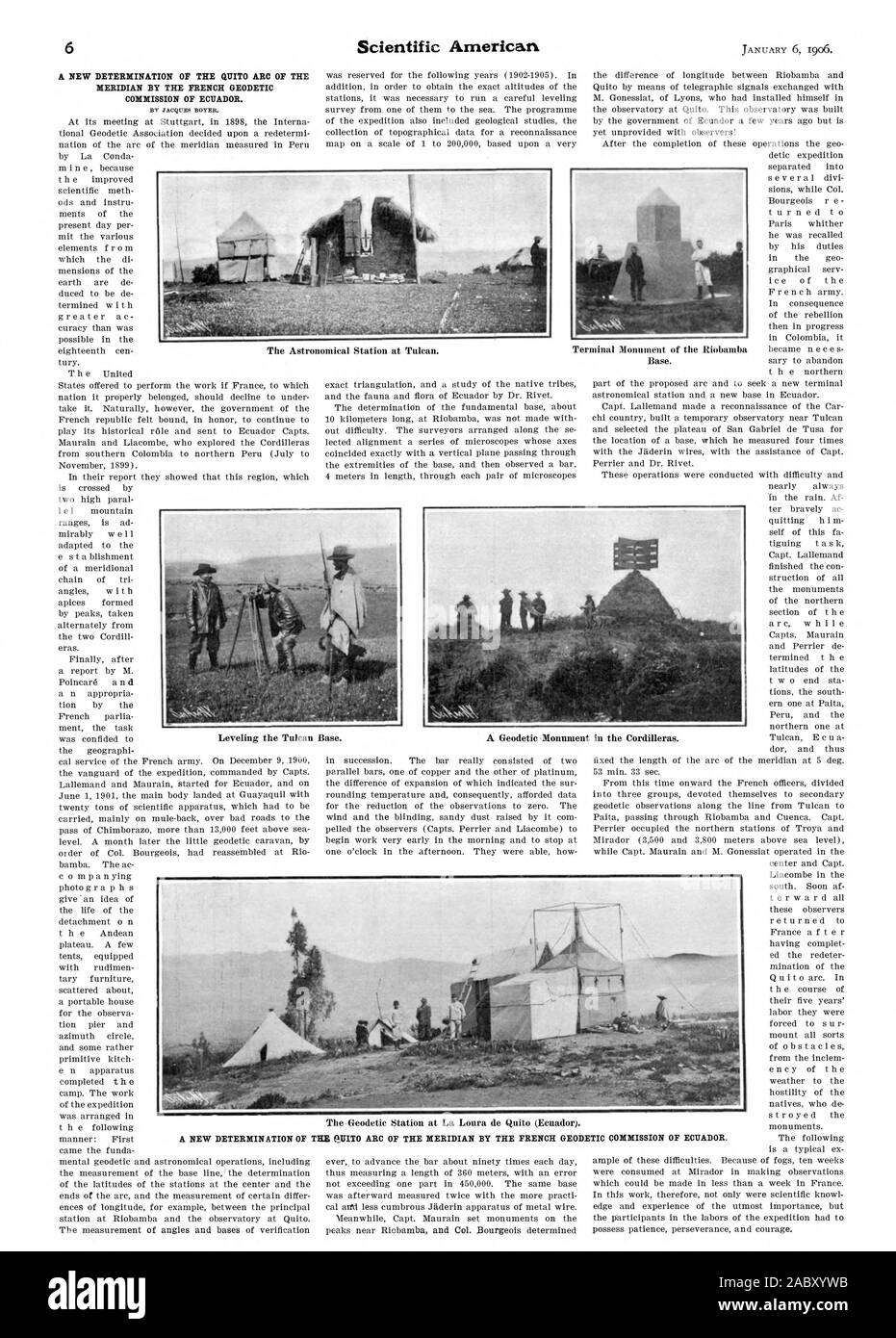 Eine neue Entschlossenheit OP DER QUITO BOGEN DER MERIDIAN VON DER FRANZÖSISCHEN GEODÄTISCHE KOMMISSION VON ECUADOR. Von JACQUES BOYER. Eine NEUE BESTIMMUNG DER T, Scientific American, 1906-01-06 Stockfoto