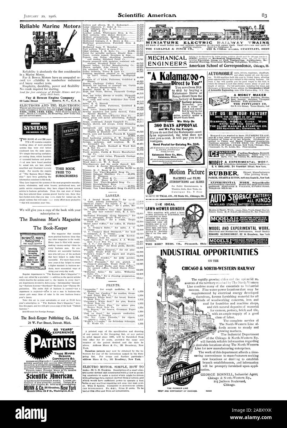 Zuverlässige Marine Motoren für Männer 60 JAHRE ERFAHRUNG PATENTE" Marken, Designs Copyright & C. Der GESCHÄFTSMANN MASCHINENBAUER MINIATUR elektrische Eisenbahn 'Züge' eine Kalamazo versenden wir auf 360 TAGE GENEHMIGUNG und wir die Frachtkosten. Kalamazoo Herd Co. mfrs Kalamazoo. Mich eine Money Maker der PETTYJOHN CO. MÖCHTEN SIE gefertigten Modelle Motion Picture DER IDEALE RASENMÄHER GRINDER DIE WURZEL BROS. CO Plymouth experimentelle Arbeit wissenschaftlich Modelle ERFINDUNGEN PERFEKTIONIERTE MODELL UND EXPERIMENTELLEN ARBEITEN. Ohi, Scientific American, 1906-01-20 Stockfoto