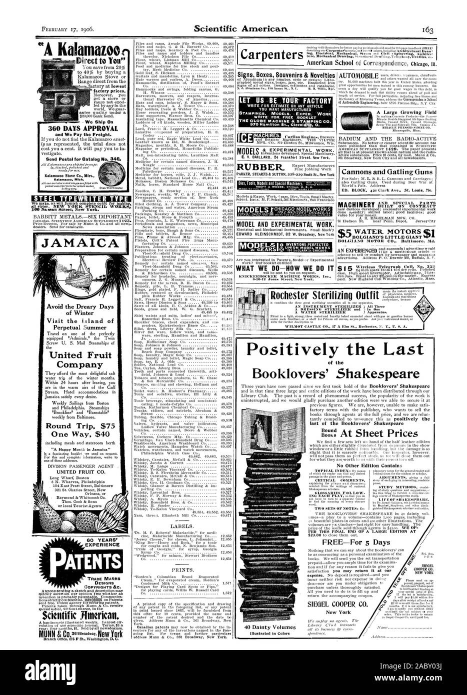 Eine Kalamazo direkt zu Ihnen" - Wir liefern auf 360 TAGE GENEHMIGUNG und wir die Frachtkosten. Post für Katalog Nr. 340 senden. Stahl SCHREIBMASCHINE TYP JAMAIKA vermeiden die trostlosen Tage des Winters besuchen Sie die Insel des ewigen Sommers United Fruit Company Round Trip 75 $ UNITED FRUIT CO 60 JAHRE ERFAHRUNG" PATENTE HANDEL MARRS DESIGNS COPYRIGHT & C. Wissenschaftliche Bmerican Niederlassung. 62,5 l'bt Washington D.G. Tischler Positiv das Letzte Booklovers' Shakespeare t SIEGEL PRO DAS ENDGÜLTIGE ENDE EINER GROSSEN EDITION BEI ERFINDUNGEN PERFEKTIONIERT GUMMI MODELLE LASSEN SIE UNS IHR WERK SCHREIBEN FÜR DIE SCHÄTZUNG AUF JEDEM ARTIKEL WERDEN SIE MÖCHTEN Stockfoto