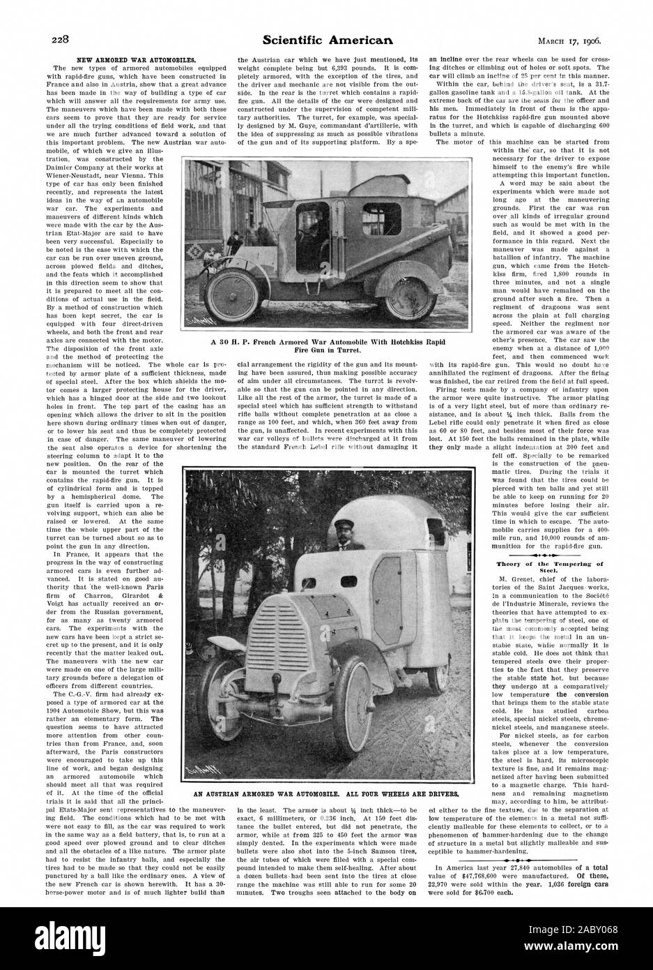 Neue GEPANZERTE KRIEG AUTOMOBILE. Theorie der Temperierung von Stahl. Eine österreichische GEPANZERTEN KRIEG AUTOMOBIL. Alle vier Räder sind Treiber., Scientific American, 06-03-17 Stockfoto