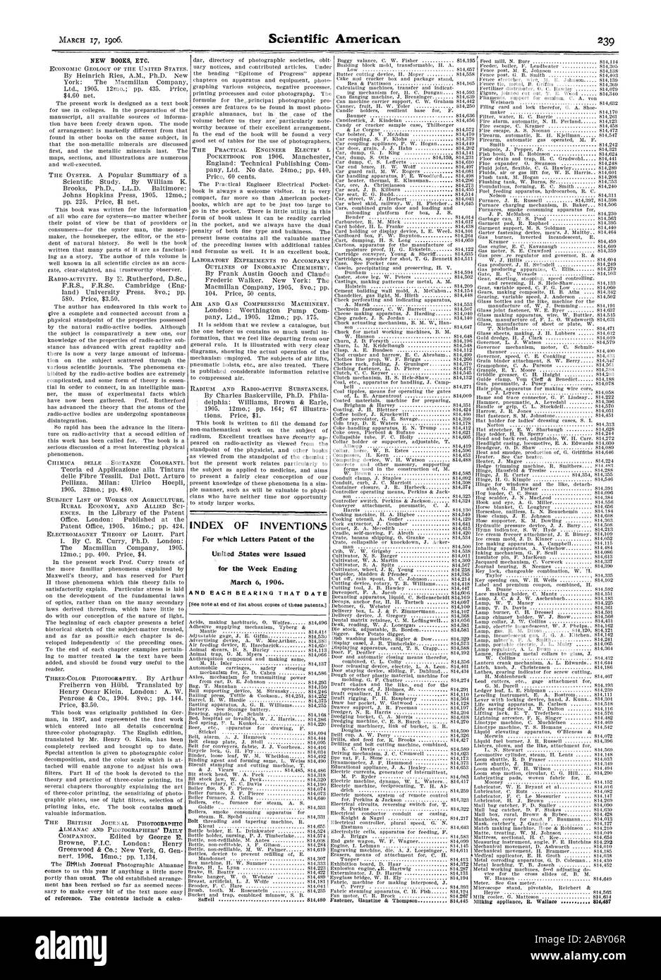 Neue Bücher Etc. Index Der Erfindungen, Für Die Patentschriften Der Vereinigten  Staaten Für Die Woche Bis 6. März 1906 Erteilt Wurden. Und Jedes Lager,  Datum, Scientific American, 06-03-17 Stockfotografie - Alamy