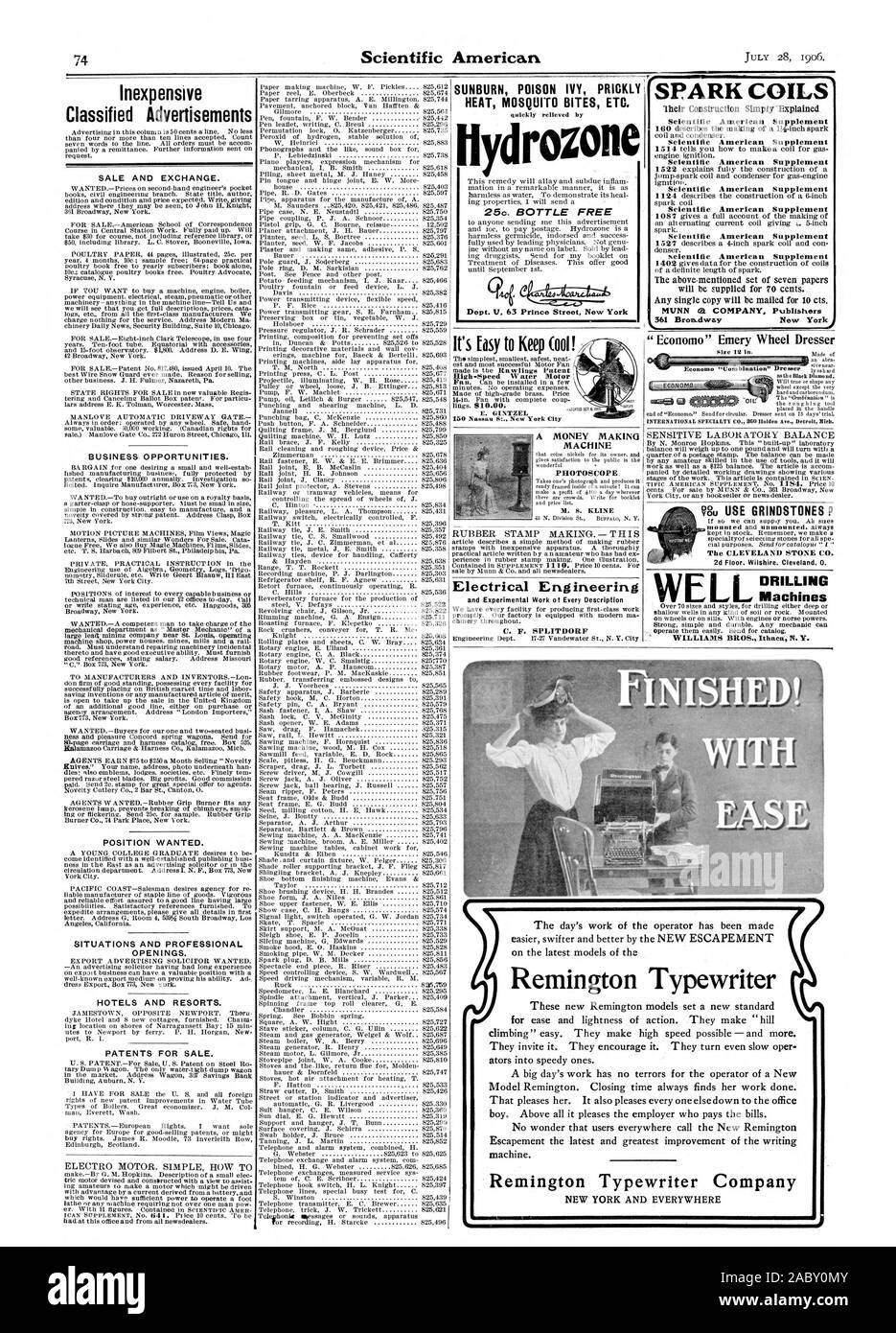 Ecientific amerikanischen Ergänzung 361 Broadway New York Es ist fasy (Ool halten! High-Speed Wasser Motor PlIOTOSCOPE. Elektrotechnik C. F. SPLITDORF DIE CLEVELAND STONE CO. 2D-Stock. Wilshire. Cleveland. 0. Bohren WILLIAMS BROS. Ithaca N.Y. Remington Schreibmaschine Remington Typewriter Company, Scientific American, 1906-07-28 Stockfoto