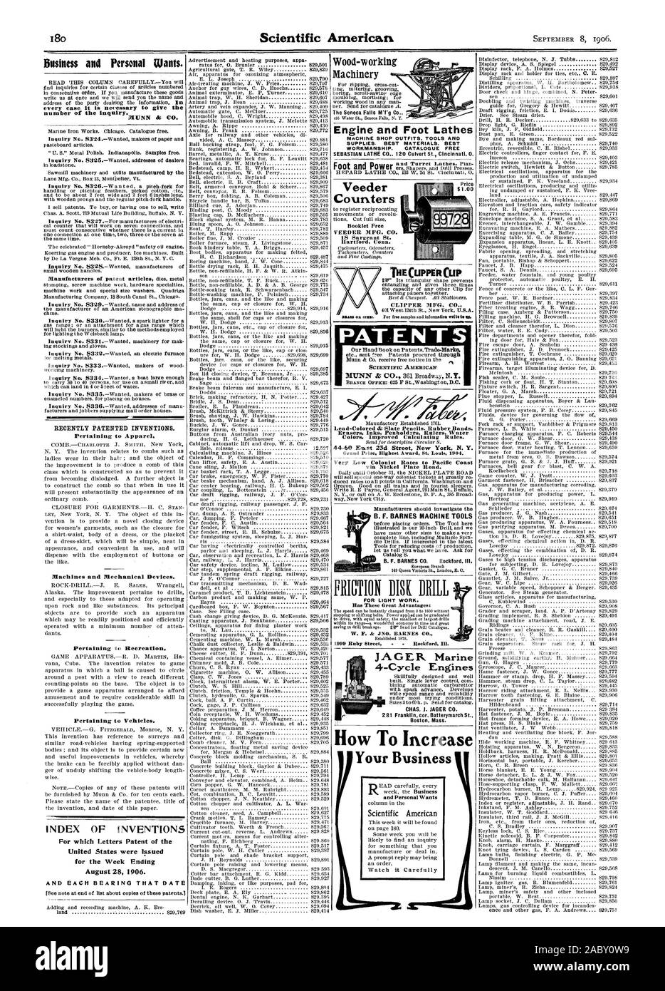 Farben verbesserte Berechnung Regeln. Grand Prize höchste Auszeichnung St. Louis 1904. Sehr niedrige Kolonisten zur Pazifikküste über Nickel Plate Road. Wie zu Erhöhen und die Persönliche will Holzverarbeitende Maschinen die Seneca Falls M'f'g Co. Alle Wasser St. Seneca Falls N.Y. die cUPPER CUP 434 MFG. Co. Für kostenlose Proben und Informationen Stil ist Nein. Patente Scientific American Zähler Broschüre kostenlos VEEDER MFG. Co.18 Sargeant St. Hartford Anschl. die Hersteller sollten den B.F. BARNES WERKZEUGMASCHINEN B.F. BARNES CO Rockford untersuchen. Iii. Europäische Zweig 149 Queen Victoria St. London E.C. 4-Takt Motoren Stockfoto