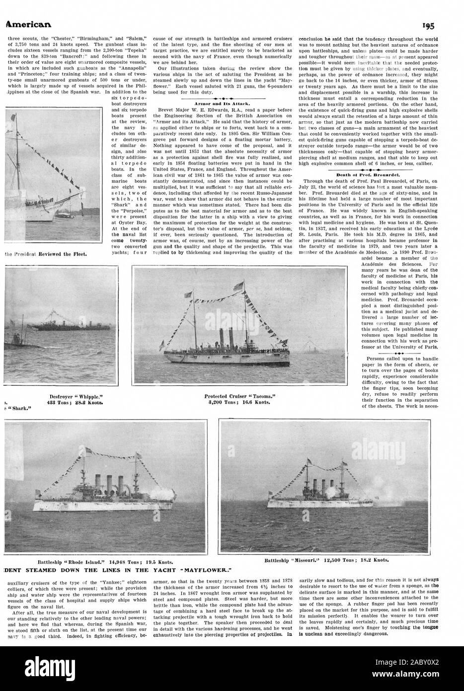 Rüstung und seinen Angriff. Tod von Prof. Brouardel. [DENT DÜNSTEN SIE DIE ZEILEN IN DER YACHT MAYFLOWER., Scientific American, 06-09-15 Stockfoto