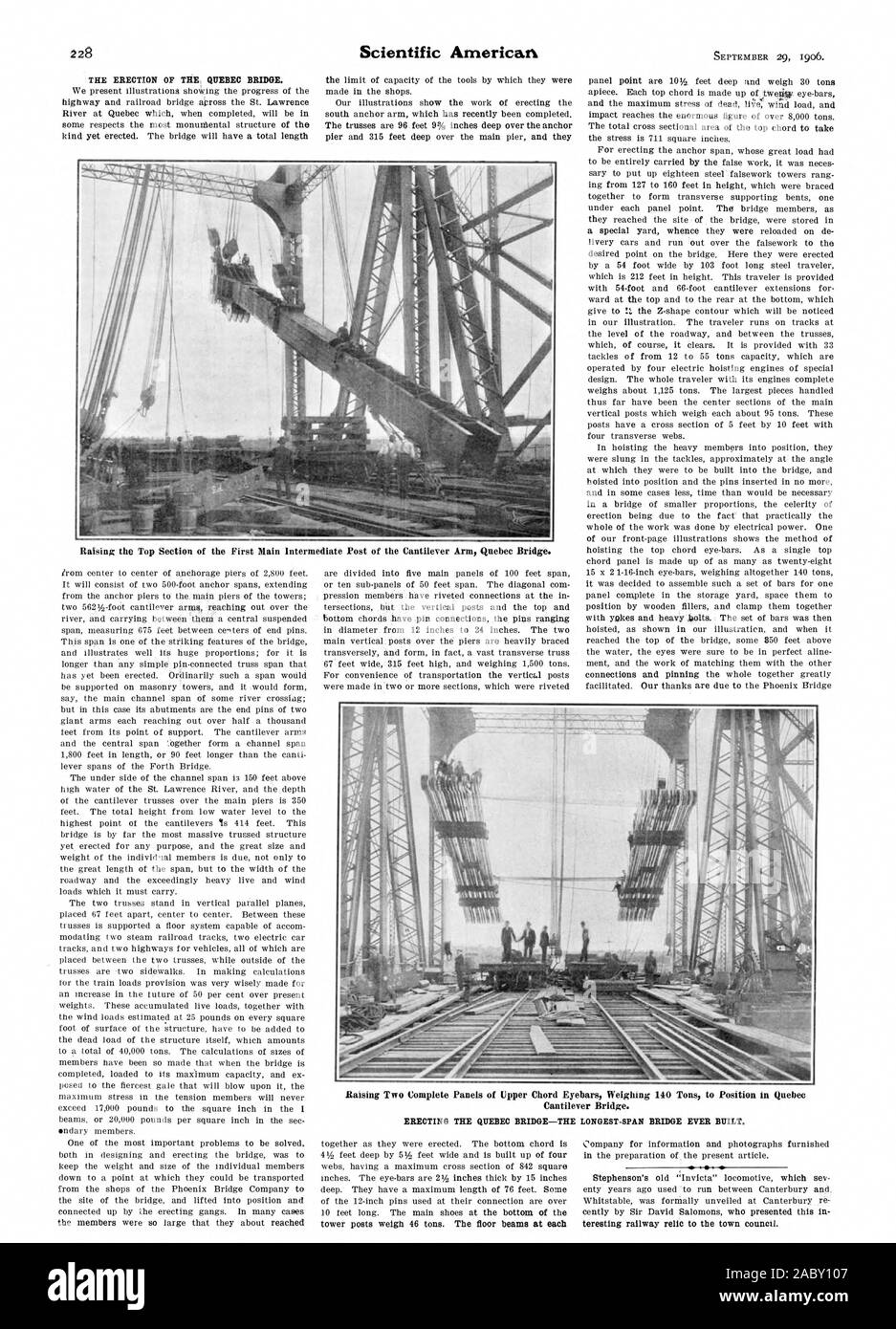 Die ERRICHTUNG DER QUEBEC BRÜCKE - Die teresting Eisenbahn Relikt in den Rat der Stadt. Die beiden kompletten Verkleidungen der oberen Akkord Eyehars mit einem Gewicht von 140 Tonnen auf Position in Quebec Brücke., Scientific American, 1906-09-29 Stockfoto