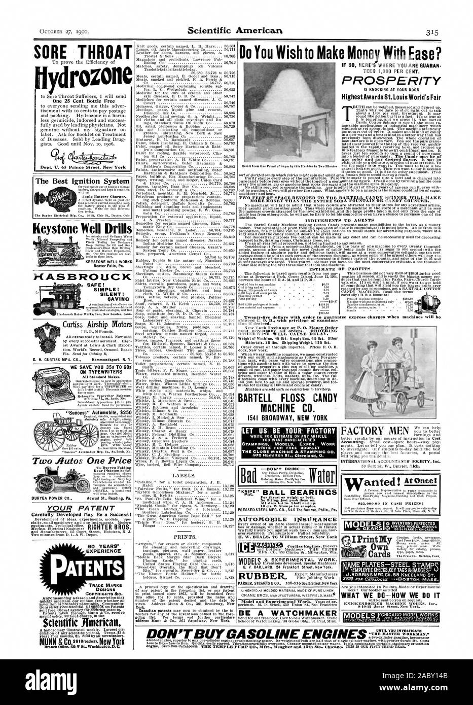 Möchten Sie Geld mit Leichtigkeit zu machen? Wenn S HIER SIND GARANTIEN ABGEZWEIGT 1000 Prozent. Wohlstand höchsten Auszeichnungen St Louis World's Fair zwei Meter Platz widmet sich der BARTELL CANDY SPINNER WIRD VERDIENEN SIE MEHR GELD, ALS DIE GANZEN SODA FOUNTAIN oder Süßigkeiten zählen: ER SCHÄTZUNG DER GEWINNE HALSSCHMERZEN Keystone auch Bohrer Curtiss Luftschiff Motoren auf Schreibmaschinen 'erfolgreich' Automobil $ 250 Etiketten druckt. BARTELL GLASSCHLACKE CANDY MACHINE CO 1541 BROADWAY NEW YORK PARKER STEARNS & Co 228.220 South Street New York EIN UHRMACHER Ein 25 Cent Flasche gratis Abt. V63 Prince Street New York die beste Zündanlage H Stockfoto