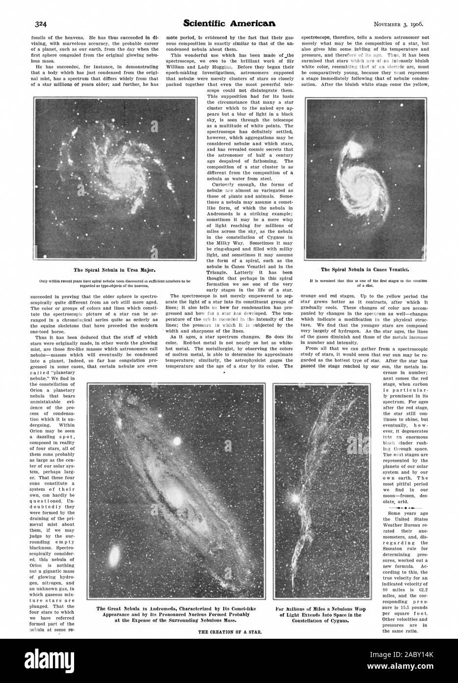 Die Schaffung eines Sterns. Die großen Nebel in Andromeda, durch seine Comet geprägt - wie Aussehen, die durch ihre ausgeprägte Kern vermutlich auf Kosten der uns umgebenden nebligen Masse gebildet. Für Millionen von Meilen ein nebulöses Wisp des Lichts erstreckt sich in den Weltraum im Sternbild Cygnus. Die Spirale der Nebel in Ursa Major. Die spiral nebula in Canes Venatici. Scientific American, 1906-11-03 Stockfoto