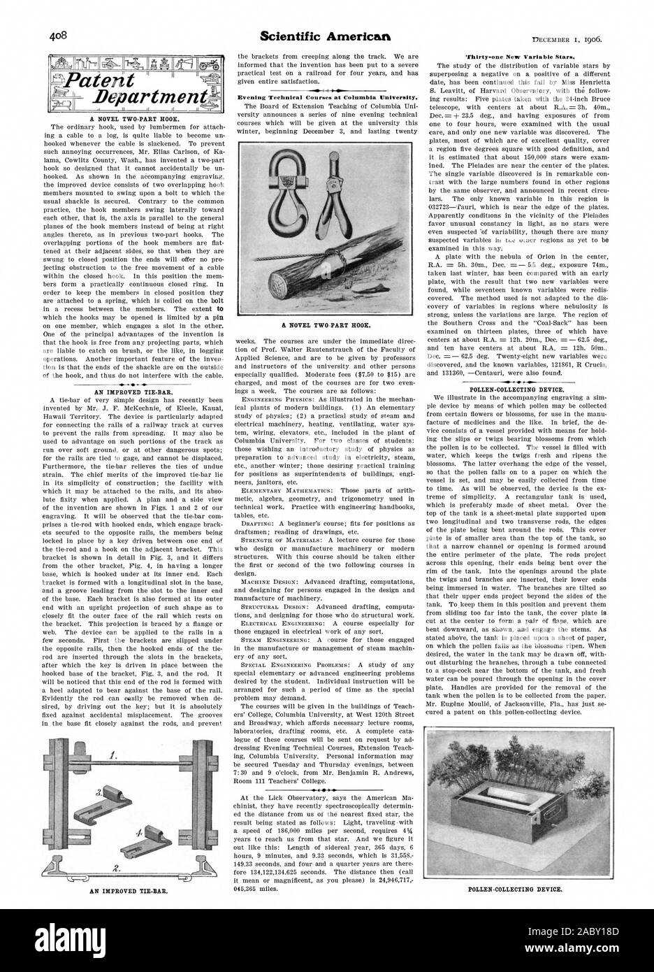 Abend Technische Kurse an der Columbia University., Scientific American, 1906-12-11 Stockfoto