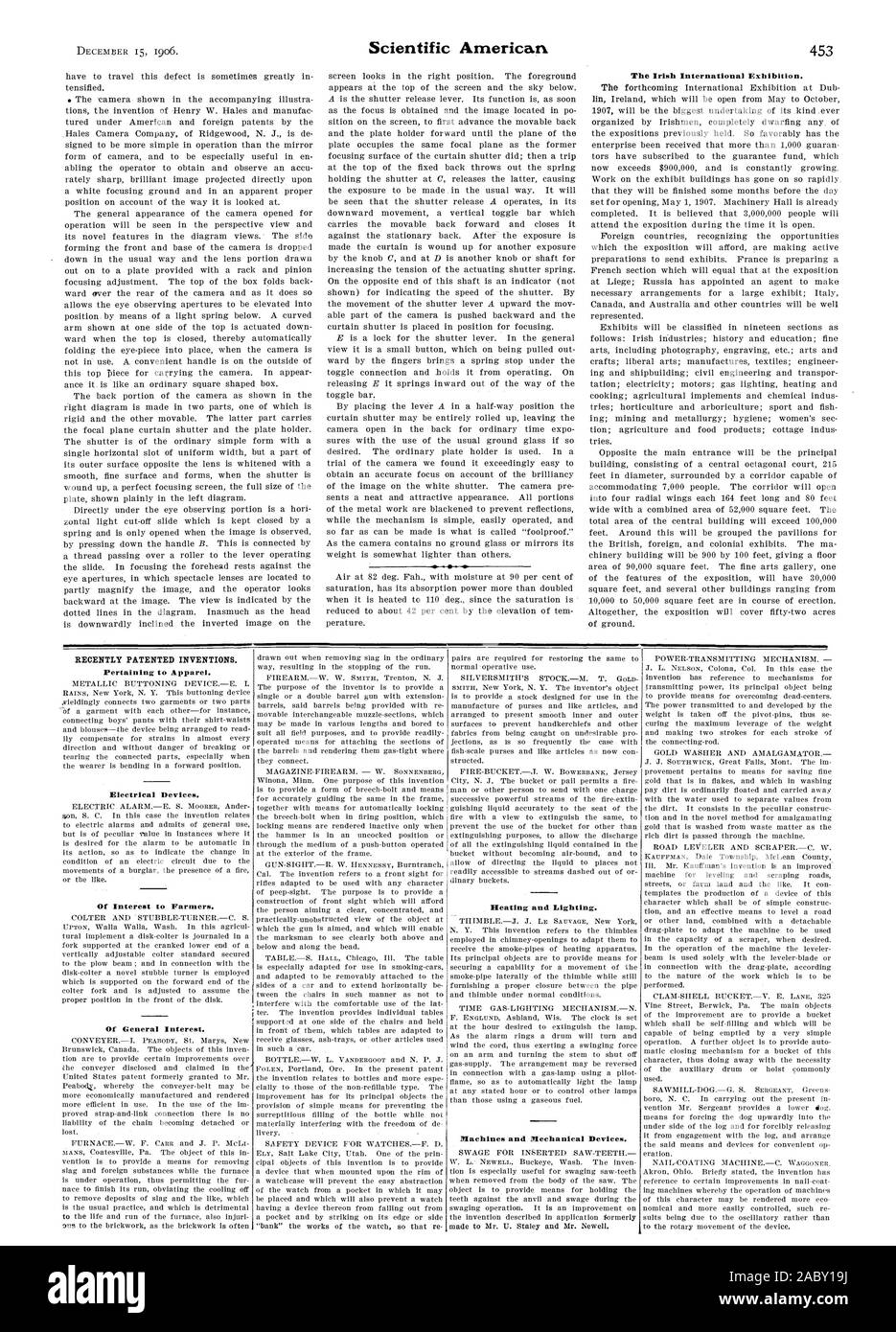 Die irische Internationale Ausstellung. In Bezug auf Bekleidung. Elektrische Geräte. Von Interesse für die Landwirte. Von allgemeinem Interesse. Heizung und Beleuchtung. Maschinen, Apparate und mechanische Geräte., Scientific American, 1906-12-15 Stockfoto