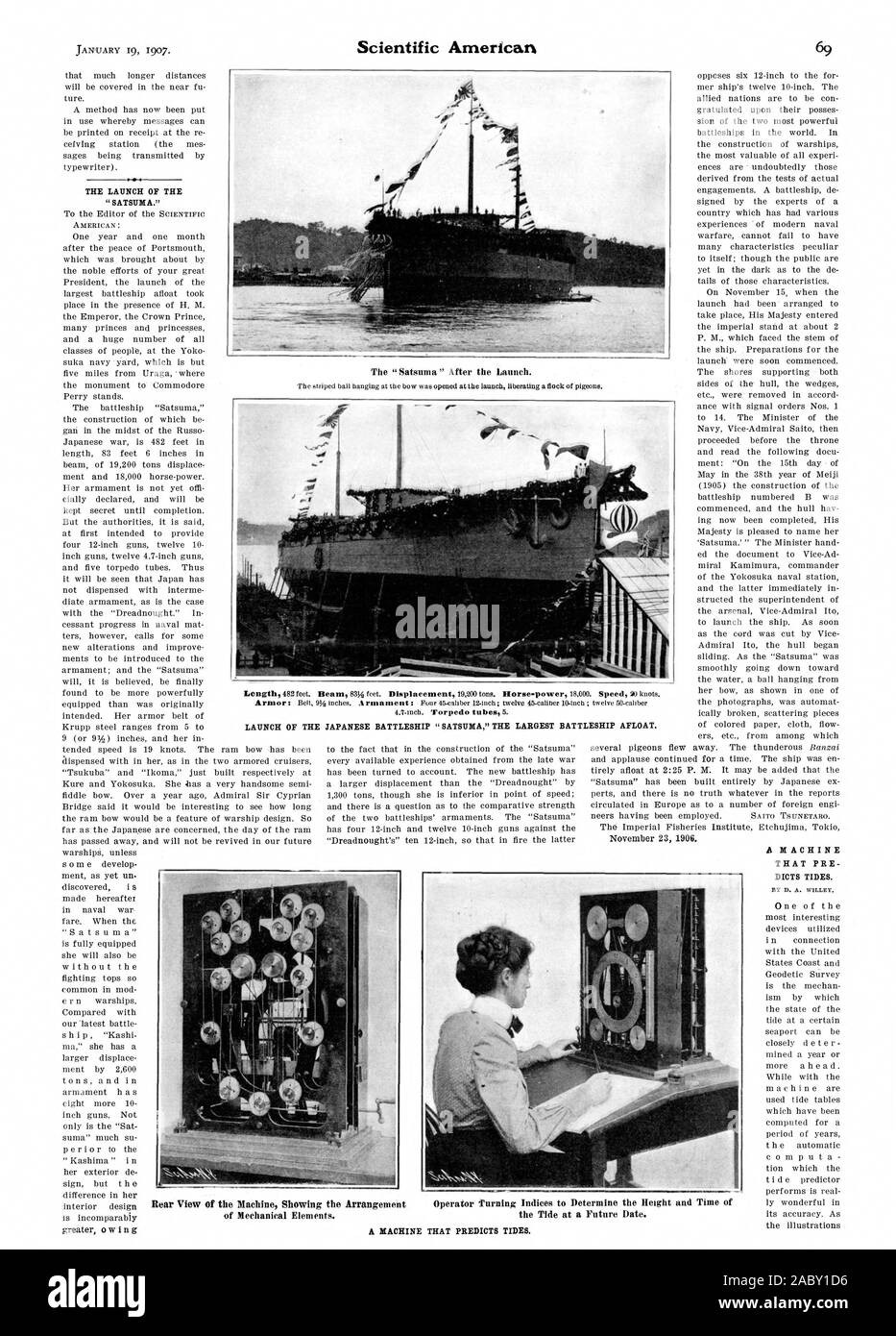 4,7 Zoll. Torpedorohre 5. Start VON DER JAPANISCHEN SCHLACHTSCHIFF ATSUMA' das größte Schlachtschiff flott. Die EINFÜHRUNG DES VON ATSUMA." EINE MASCHINE, die vor DICTS GEZEITEN. Eine Maschine, die prognostiziert Gezeiten., Scientific American, 1907-01-19 Stockfoto