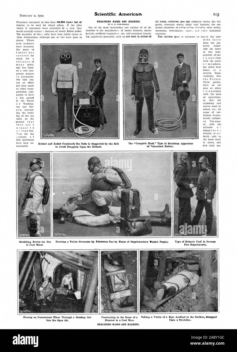 Atemschutzmasken und Helme. Durch den Riemen Helm und Jacke kombiniert; die Röhre mit Avoit unterstützt das Ziehen auf dem Helm. aus vulkanisiertem Gummi. Atmung Gerät für die Verwendung zur Wiederbelebung der Opfer Überwinden durch reilleileus Gas durch zusätzliche Sauerstoffversorgung. Art der Helme in deutscher Sprache, eine unbewusste Miner durch eine fleaiing, das Eindringen in die Szene ein, die Opfer einer Mine Unfall an die Oberfläche Festgeschnallt in der Luft verwendet. Katastrophe in einem Bergwerk. Auf einer Tragbahre. Atemschutzmasken und Helme., Scientific American, 1907-02-02 Stockfoto