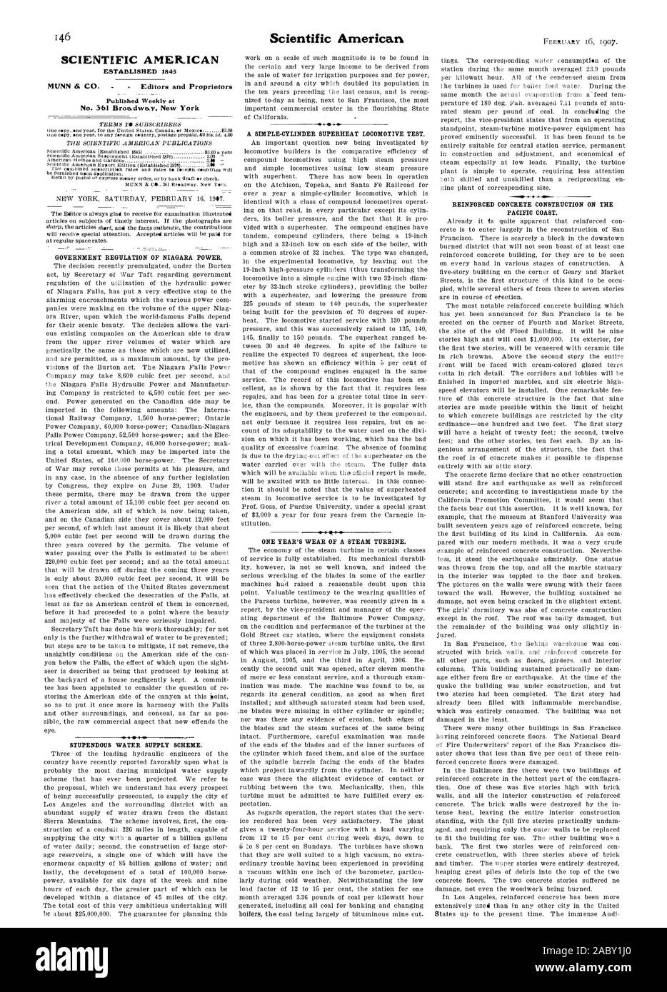 SCIENTIFIC AMERICAN MUNN & Co - Herausgeber und Eigentümer wöchentlich an Nr. 361 Broadway veröffentlicht. New York staatliche Regulierung der Niagara macht. Wunderbare WASSERVERSORGUNG. Eine einfache ZYLINDER ÜBERHITZUNG LOKOMOTIVE TESTEN. 4 EIN JAHR TRAGEN EINER DAMPFTURBINE. Stahlbetonbau an der pazifischen Küste., 1907-02-16 Stockfoto