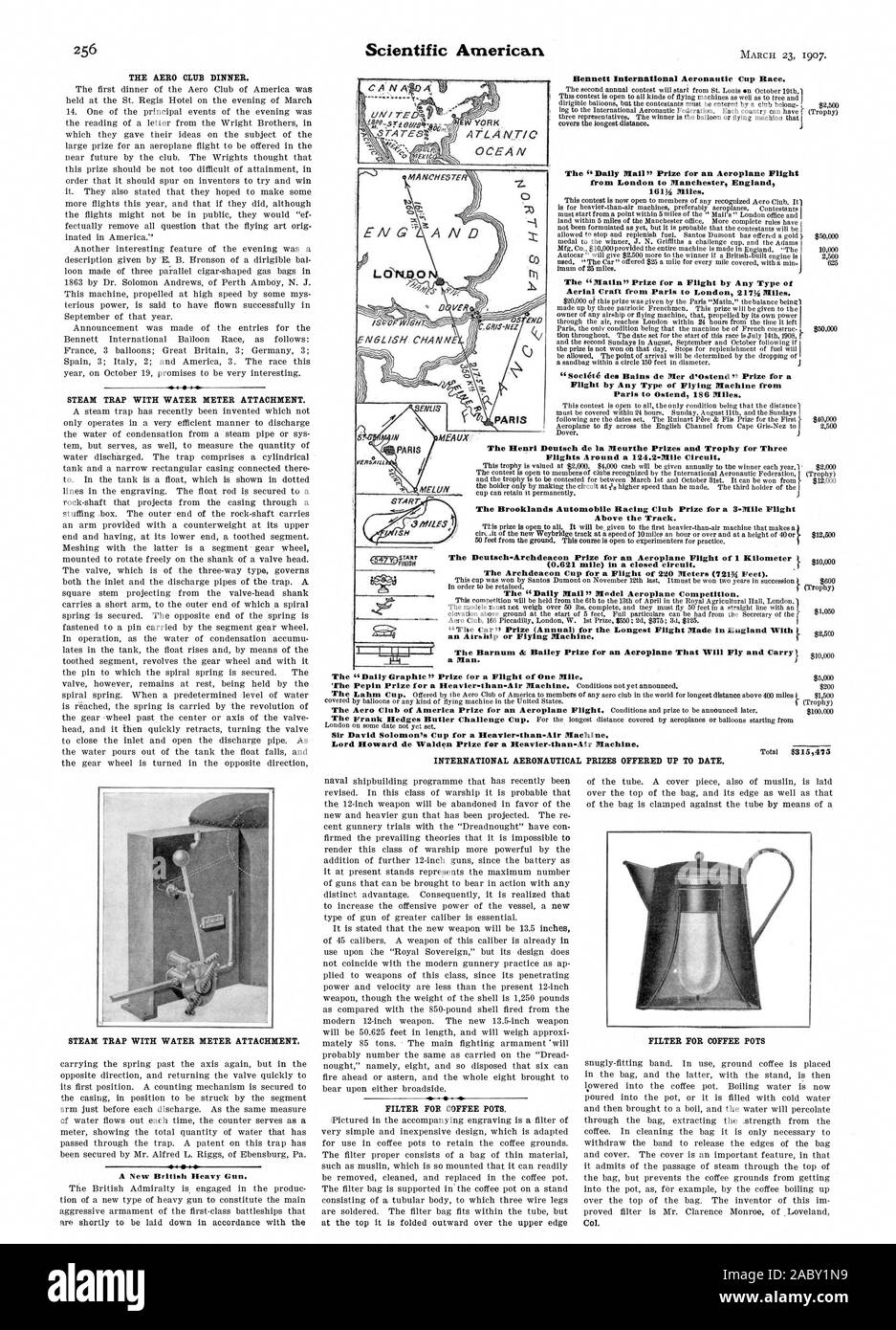 Bennett internationale Luftfahrt Cup Rennen. Von London nach Manchester England 1613 Meilen. Flug durch jede Art von fliegenden Maschine von Paris nach Ostende 186 Meilen. Die Henri Deutsch de la Meurthe Preise und Trophäe für drei Flüge um eine 124,2 - 1,6 Km. Der Brooklands Automobile Racing Club Preis für ein 3-Mile Flug über den Track. (0.621 Meilen) in einem geschlossenen Kreislauf. 810000 ein Luftschiff oder fliegenden Maschine. Das Barnum & Bailey Preis für ein Flugzeug zu Fliegen und tragen einen Mann.} Sir David Solomon's Cup für eine schwerer als Luft, die Maschine. Lord Howard de Walden Preis für ein schwerer als Luft, die Maschine Stockfoto