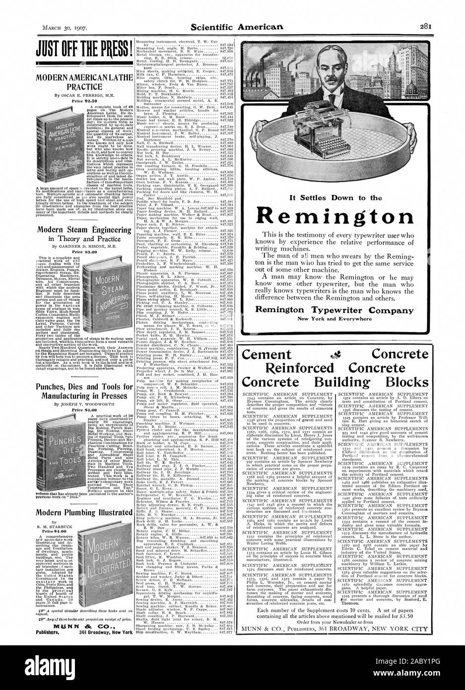 Es senkt sich auf den Remington Remington Typewriter Company New York und überall NUR AUS DER PRESSE! Moderne amerikanische DREHMASCHINE PRAXIS modernen Dampftechnik Schläge stirbt und Werkzeuge für die Fertigung in Pressen moderne Sanitär illustrierte Zement e Beton Beton Beton Bausteine, Scientific American, 1907-03-30 Stockfoto
