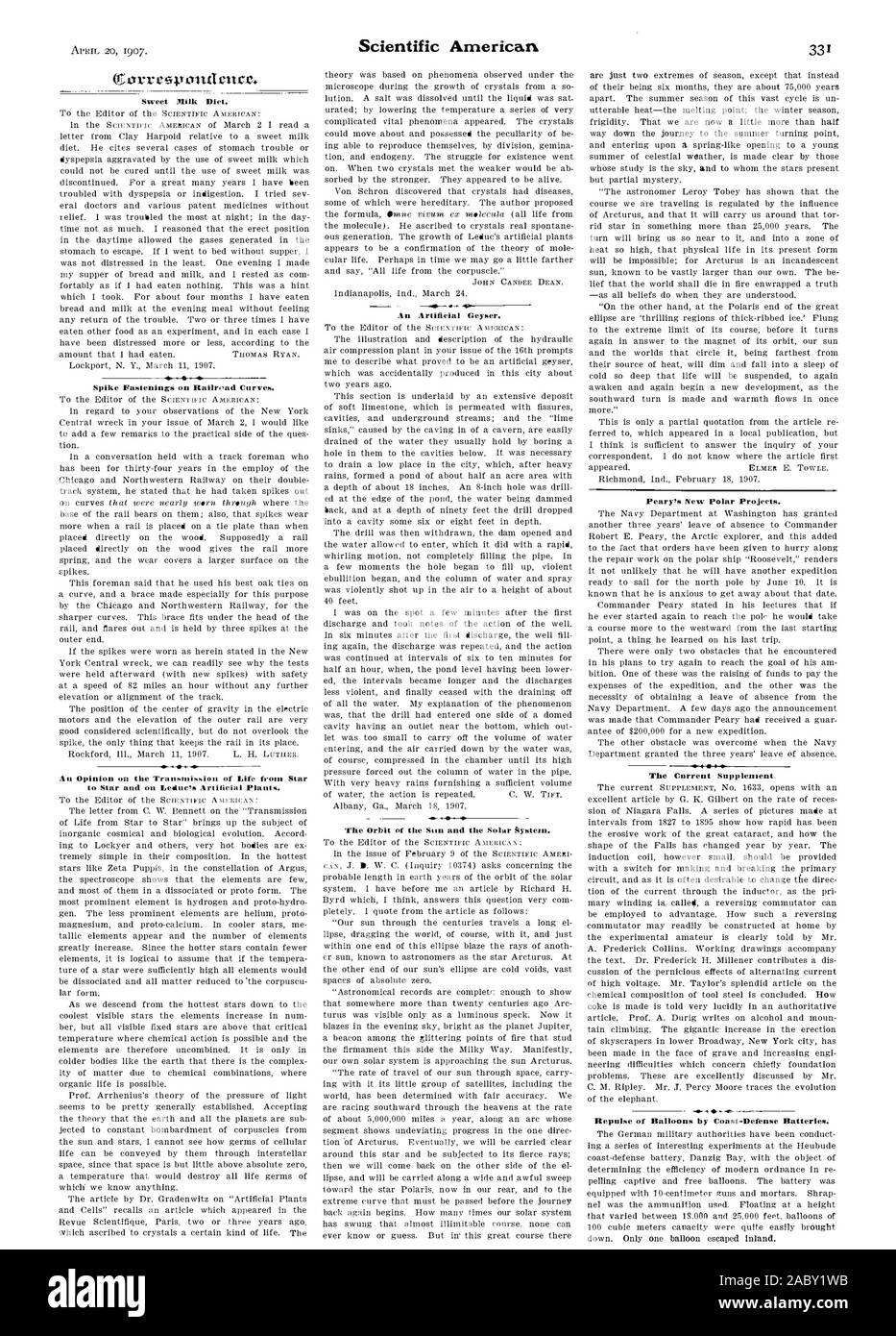 Süße Milch Ernährung. Spike Befestigungen auf die Bahn Kurven. Eine Stellungnahme zur Weitergabe des Lebens von Stern zu Stern und auf Künstliche's Leduc Pflanzen. Eine künstliche Geysir. Peary's New Polar Projekte. Die aktuelle Ergänzung, Scientific American, 1907-04-20 Stockfoto