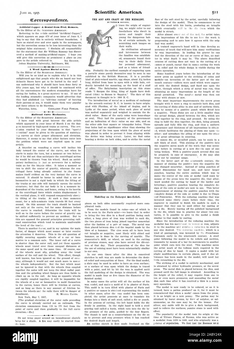 (Corr eovontIence. Künstliche Kupfer - eine Verweigerung von Prof. Remsen. Ein Wort gegen Bestattung auf See., Scientific American, 1907-06-22 Stockfoto