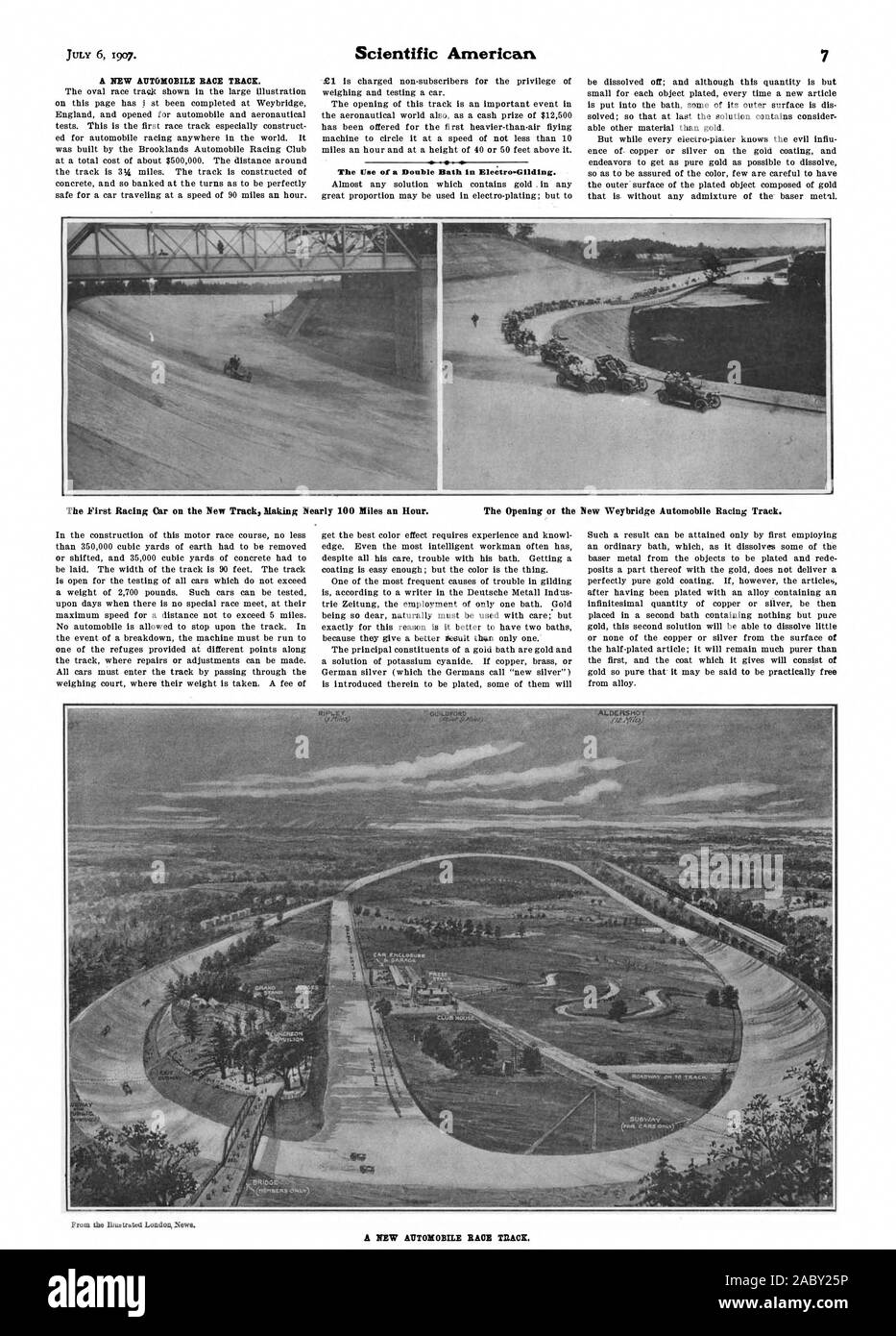 Ein neues AUTOMOBIL RENNSTRECKE. Die Verwendung eines doppelten Bad in EleOtro gleiten. Der erste Rennwagen auf der neuen Spur, fast 100 Hiles eine Stunde. Die Eröffnung oder die Neue weybridge Automobile Racing Track. Ein neues AUTOMOBIL RENNEN TBACK, Scientific American, 1907-07-06 Stockfoto