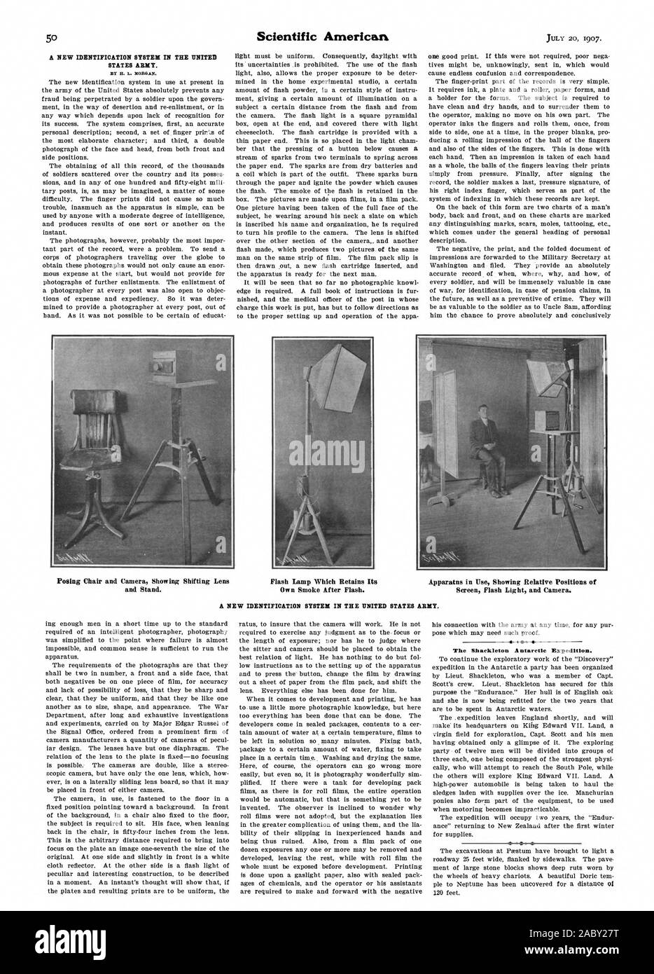 Ein NEUES SYSTEM ZUR IDENTIFIZIERUNG IN DER UNITED STATES ARMY. Durch H. L. MORGAN Posing Stuhl und Kameras schalten Objektiv Blitzlampe, behält seine Apparate und Geräte im Einsatz, die relativen Positionen von und Stehen. Eigenen Rauch nach Flash. Bildschirm Licht und Kamera. Ein NEUES SYSTEM ZUR IDENTIFIZIERUNG IN DER UNITED STATES ARMY. Die Shackleton Antarktis-expedition., Scientific American, 1907-07-20 Stockfoto