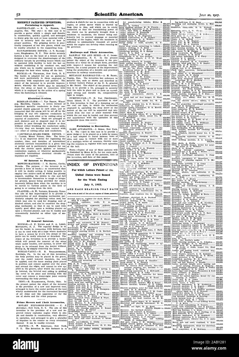 Vor kurzem patentierten Erfindungen. In Bezug auf Bekleidung. Elektrische Geräte. Eisenbahnen und deren Zubehör. Im Zusammenhang mit der Erholung. Für die Buchstaben Patent in den Vereinigten Staaten wurden für die Woche bis zum 9. Juli 1907 ausgestellt. Und jedes Lager. Das Datum für die Herstellung von röhrenförmigen Killer & Morris 859317 Halterung A. Larsson 859454 Brick handling Maschine W. H. Francis 859445 Pinsel füllen apparatue C.H.Rasmussen 859518 Eimer Venusmuschel J. hichlyler 859240 Eimer minnow R. Rimmelin Schnalle Kabelbaum G. versüssen Baustein L. W. Hagerman Bau S.H.Jackson Gebäude Stockfoto