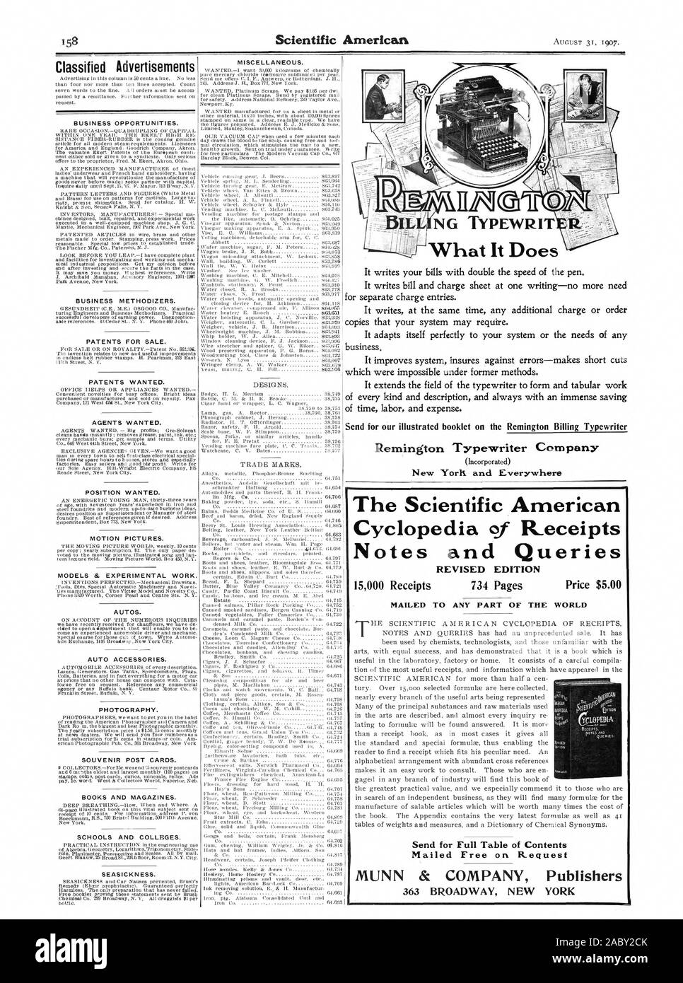 NG TYPEWRIT Was es tut Remington Typewriter Company New York und überall Kleinanzeigen GESCHÄFTSMÖGLICHKEITEN. BUSINESS METHODIZERS. Patente für Verkauf. Patente haben wollten. Die Agenten wollten. Positionieren wollte. MOTION PICTURES. Modelle und experimentelle Arbeiten. AUTOS. AUTO ZUBEHÖR. Fotografie. SOUVENIR POST KARTEN. Bücher und Zeitschriften. Schulen und Hochschulen. Seekrankheit. Verschiedenes. Der Scientific American Cyclopedia von Quittungen Hinweise und Anfragen 15000 Einnahmen MUNN&Company Verlage 363 BROADWAY NEW YORK für vollständiges Inhaltsverzeichnis verschickt auf Anfrage kostenlos überarbeitete Auflage 734 Seiten senden Stockfoto