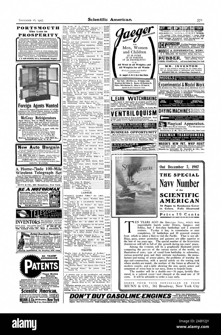 Alle Wolle in alle Gewichte und alle Gewichte für alle will Dr. Jaeger's S. W. S..de eigene Stores Erfinder. Hersteller. Auf "uhrmacherkunst LERNEN ENTRILOQUISM - Neuheiten & patentierte Artikel GESCHÄFT GELEGENHEIT PORTSMOUTH die Gate t Wohlstand neue Auto Schnäppchen MAL SQI7 sind Automobile Co. Agenten wollten. Ein Haus - rlade 100 Meile Wireless Telegraph ein MOTORIW Motormen werden und Dirigenten Box 557 Freeport druckt. KUHLMAN TRANSFORMATOREN MASON'S NEUE PAT. Peitsche HOIST Providenee IL ICH US A. AnnyAuction Schnäppchen 1907 militärische ENZYKLOPÄDISCHEN KATZE ANS BANNERMAN 501 Broadway NEW YORK ERFINDER TROCKNER Stockfoto